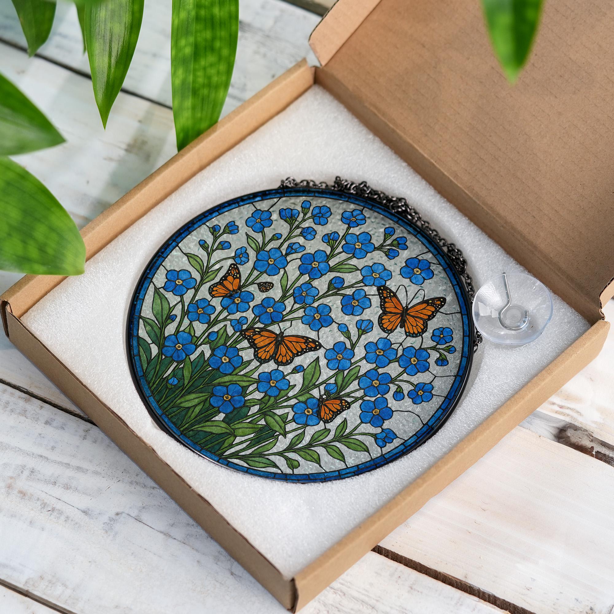 Forget Me Not and Monarch Butterfly Glass Suncatcher | Blue Wildflower Window Hanging Gift for Mom, Memorial, Garden Lover