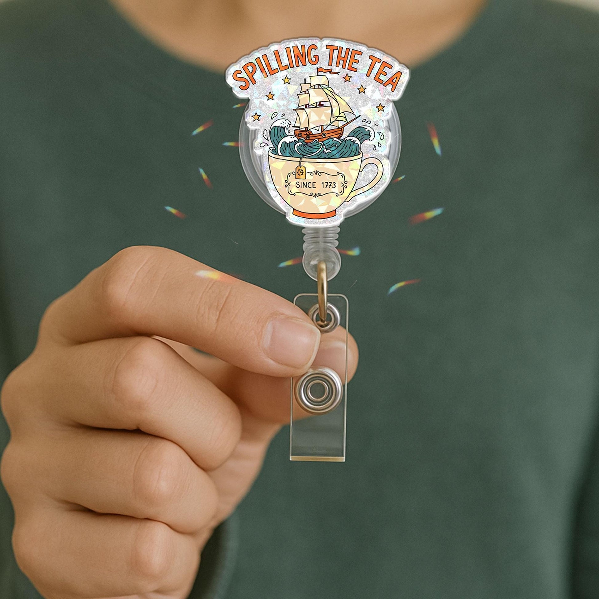 Spilling The Tea Badge Reel Funny Boston Tea Party Pun, Retractable ID Holder Gift for Nurse Teacher Office Worker, History 1773 Teacup Ship