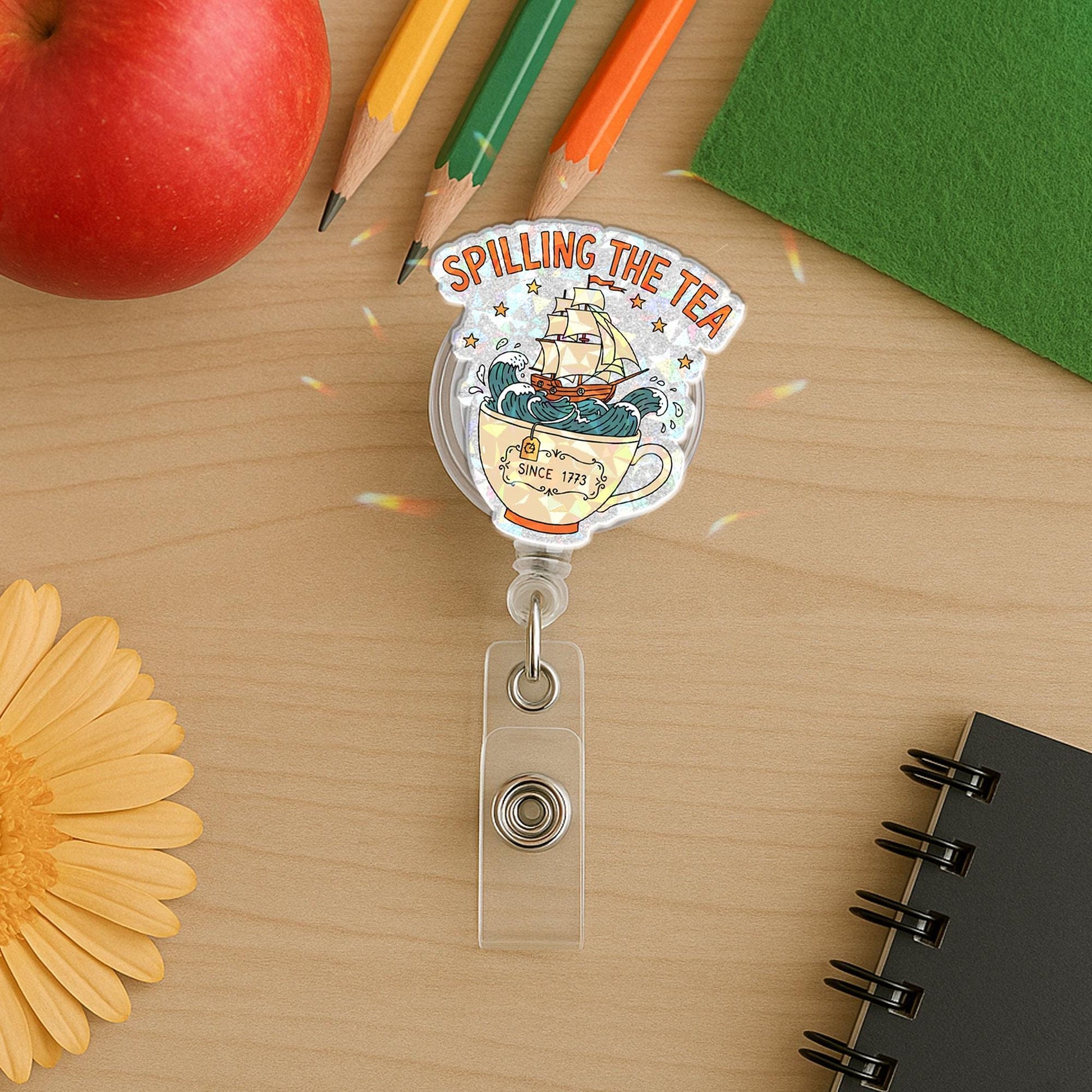 Spilling The Tea Badge Reel Funny Boston Tea Party Pun, Retractable ID Holder Gift for Nurse Teacher Office Worker, History 1773 Teacup Ship