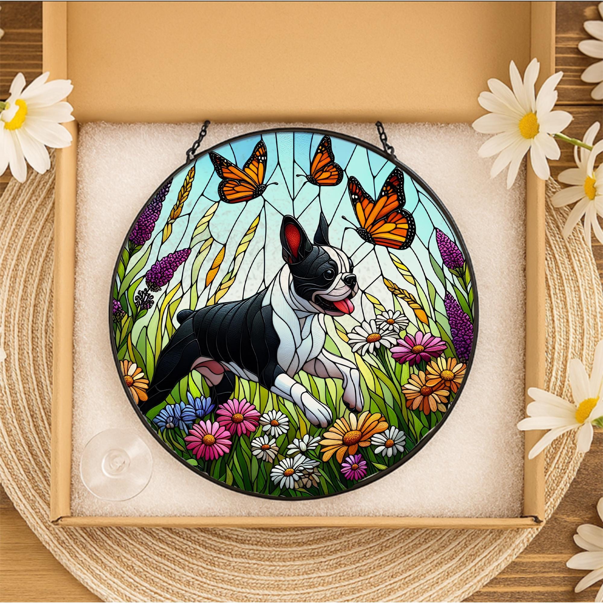 Boston Terrier and wildflower Glass Suncatcher – Glass Dog Window Hanging Gift for Mom, Dog Lover, Pet Memorial, Boston Terrier Decor
