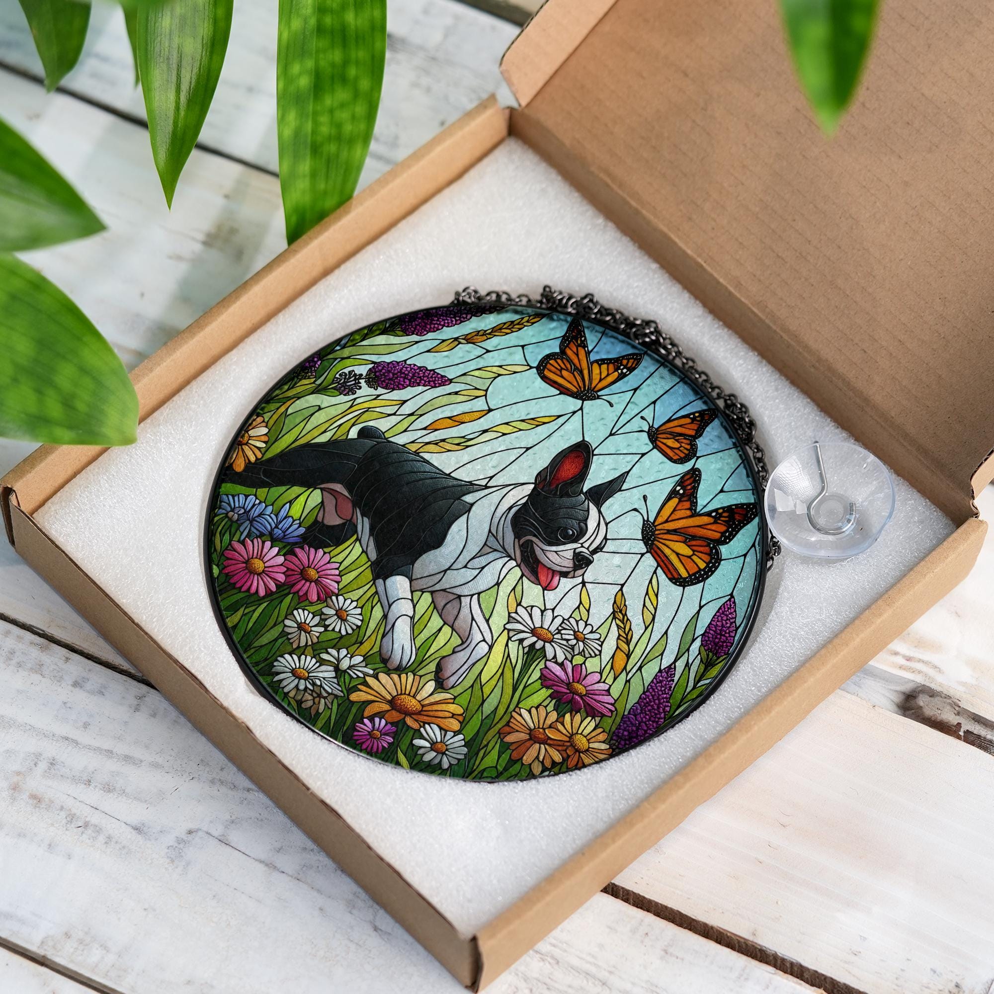 Boston Terrier and wildflower Glass Suncatcher – Glass Dog Window Hanging Gift for Mom, Dog Lover, Pet Memorial, Boston Terrier Decor