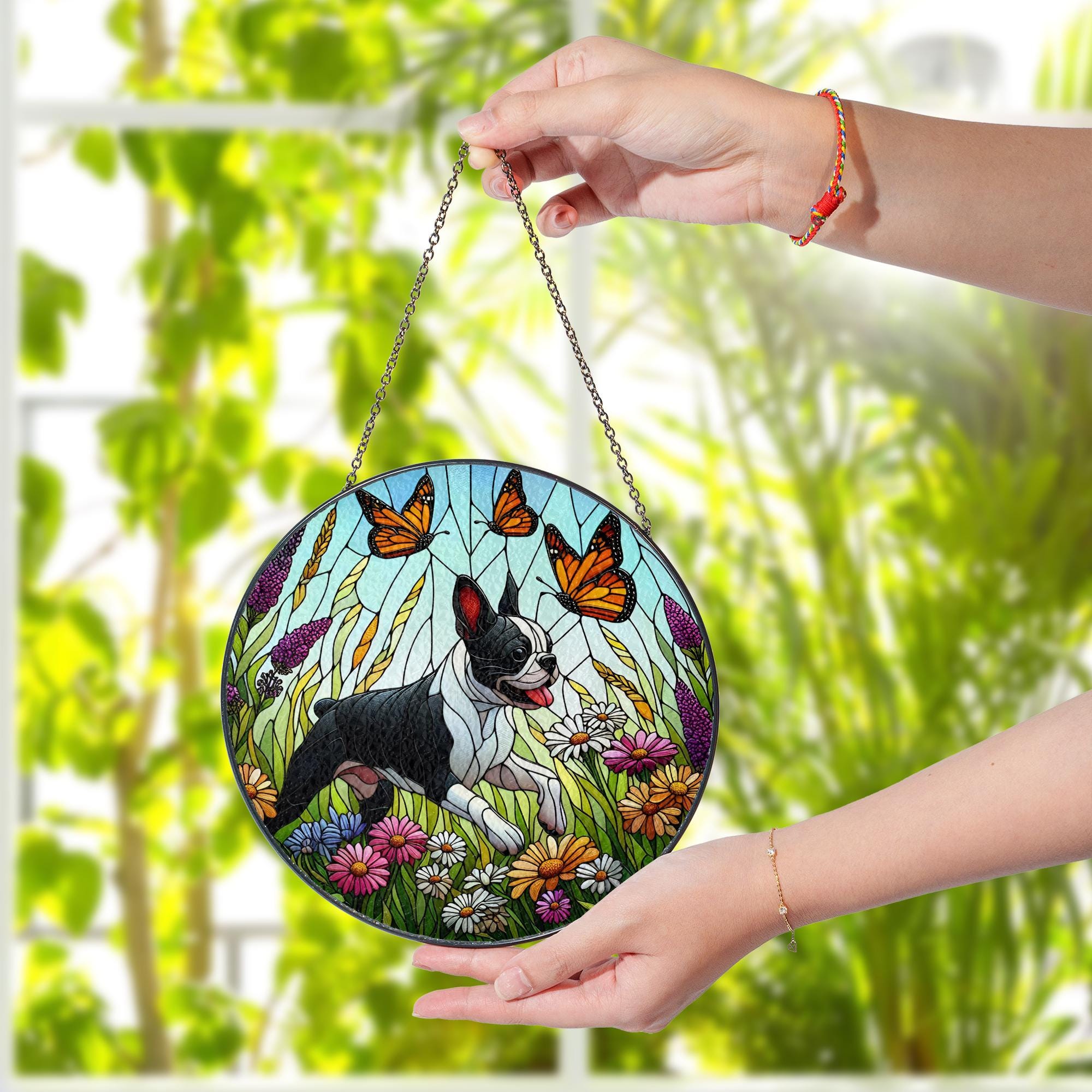 Boston Terrier and wildflower Glass Suncatcher – Glass Dog Window Hanging Gift for Mom, Dog Lover, Pet Memorial, Boston Terrier Decor