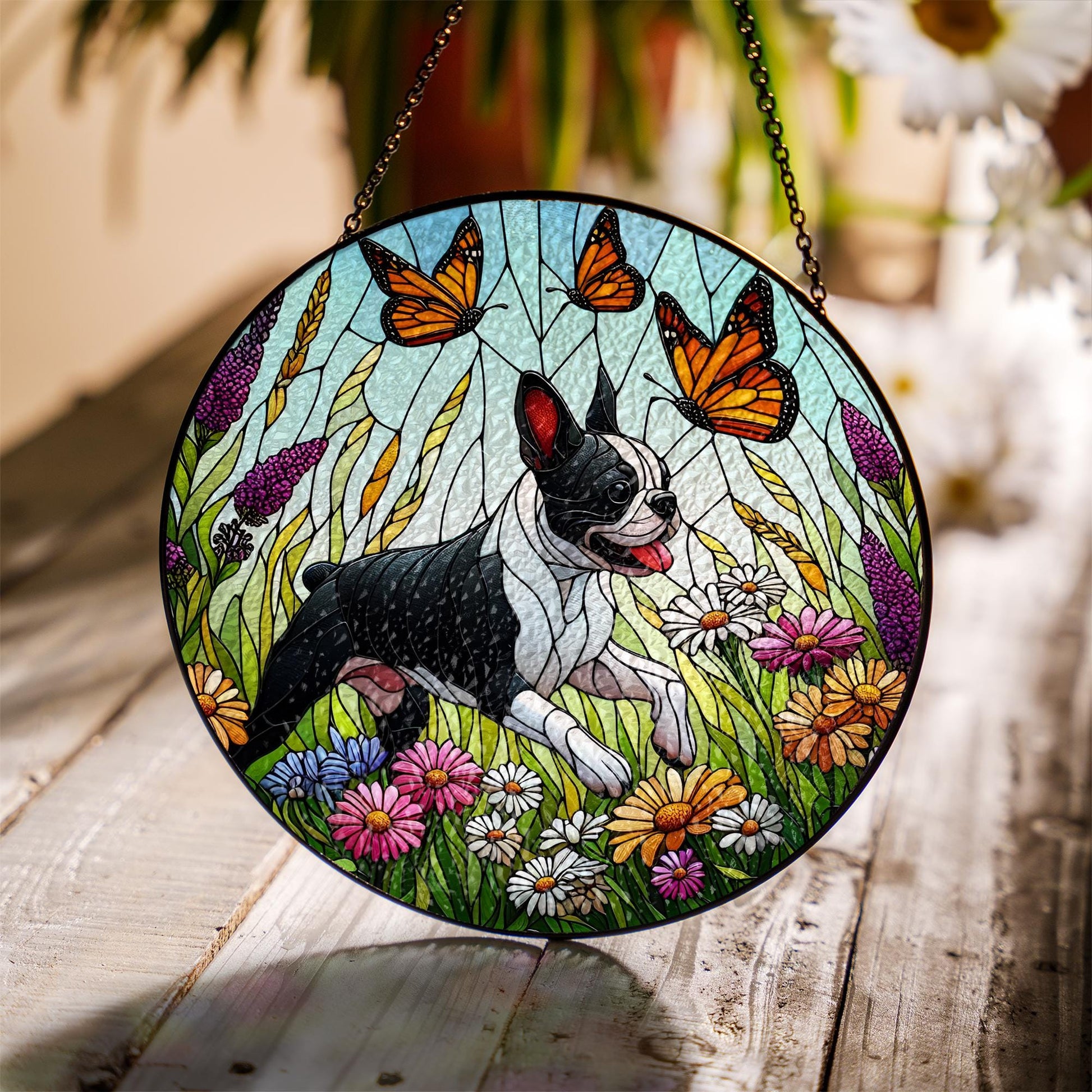 Boston Terrier and wildflower Glass Suncatcher – Glass Dog Window Hanging Gift for Mom, Dog Lover, Pet Memorial, Boston Terrier Decor