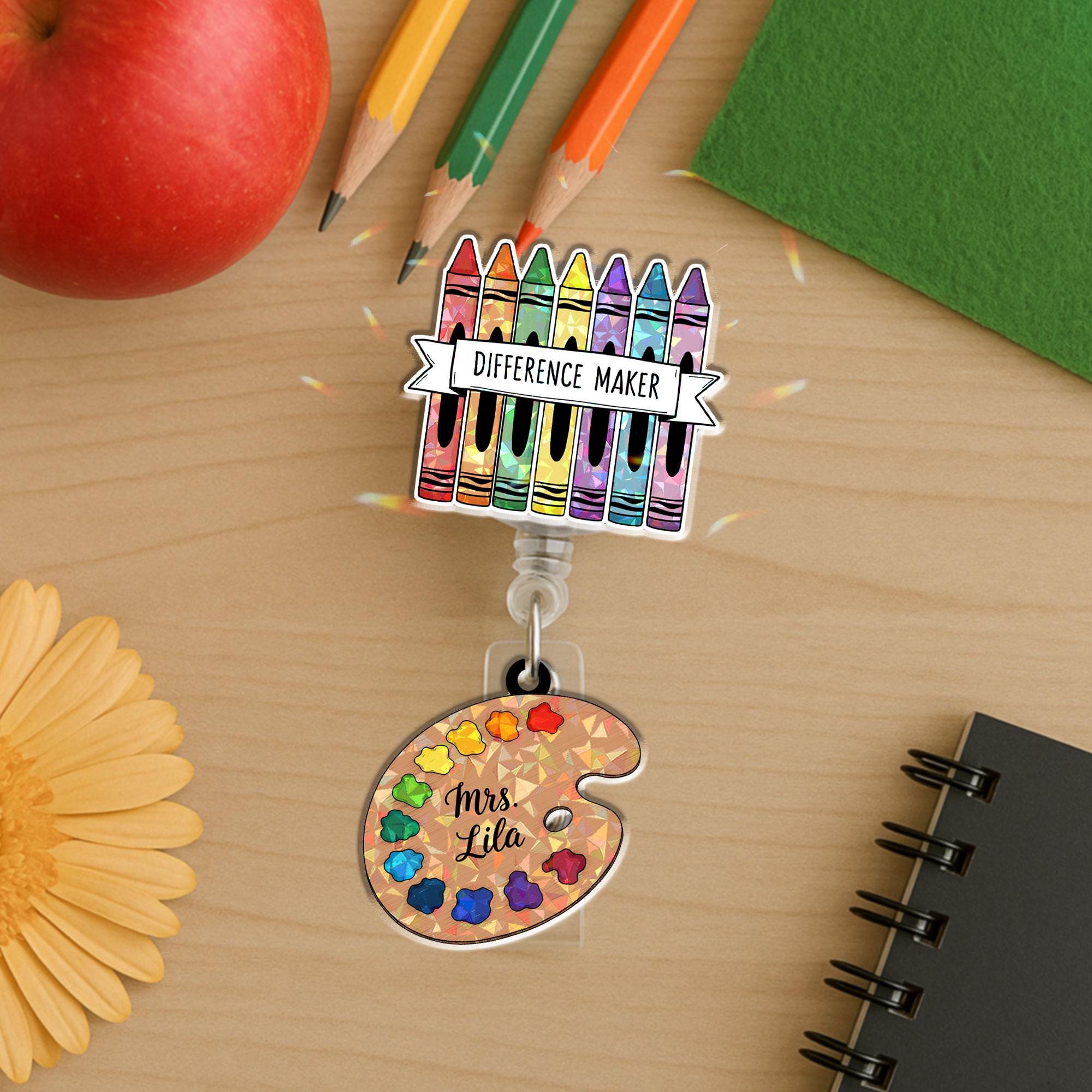 Personalized Teacher Crayon Badge Reel, Difference Maker ID Holder with Custom Name Art Palette Charm, Holographic Educator Gift Idea