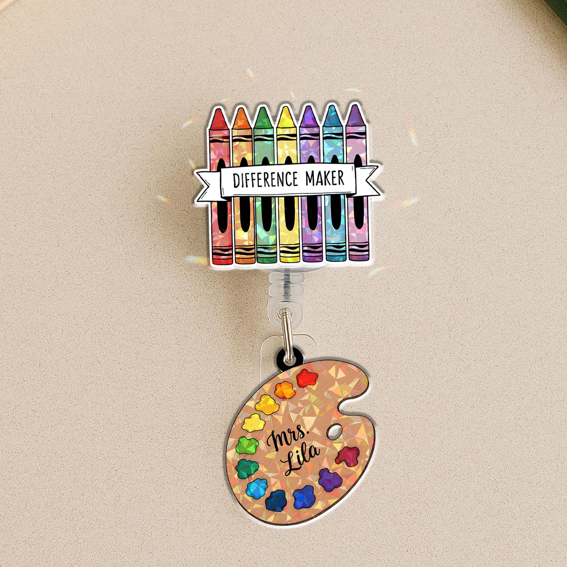 Personalized Teacher Crayon Badge Reel, Difference Maker ID Holder with Custom Name Art Palette Charm, Holographic Educator Gift Idea