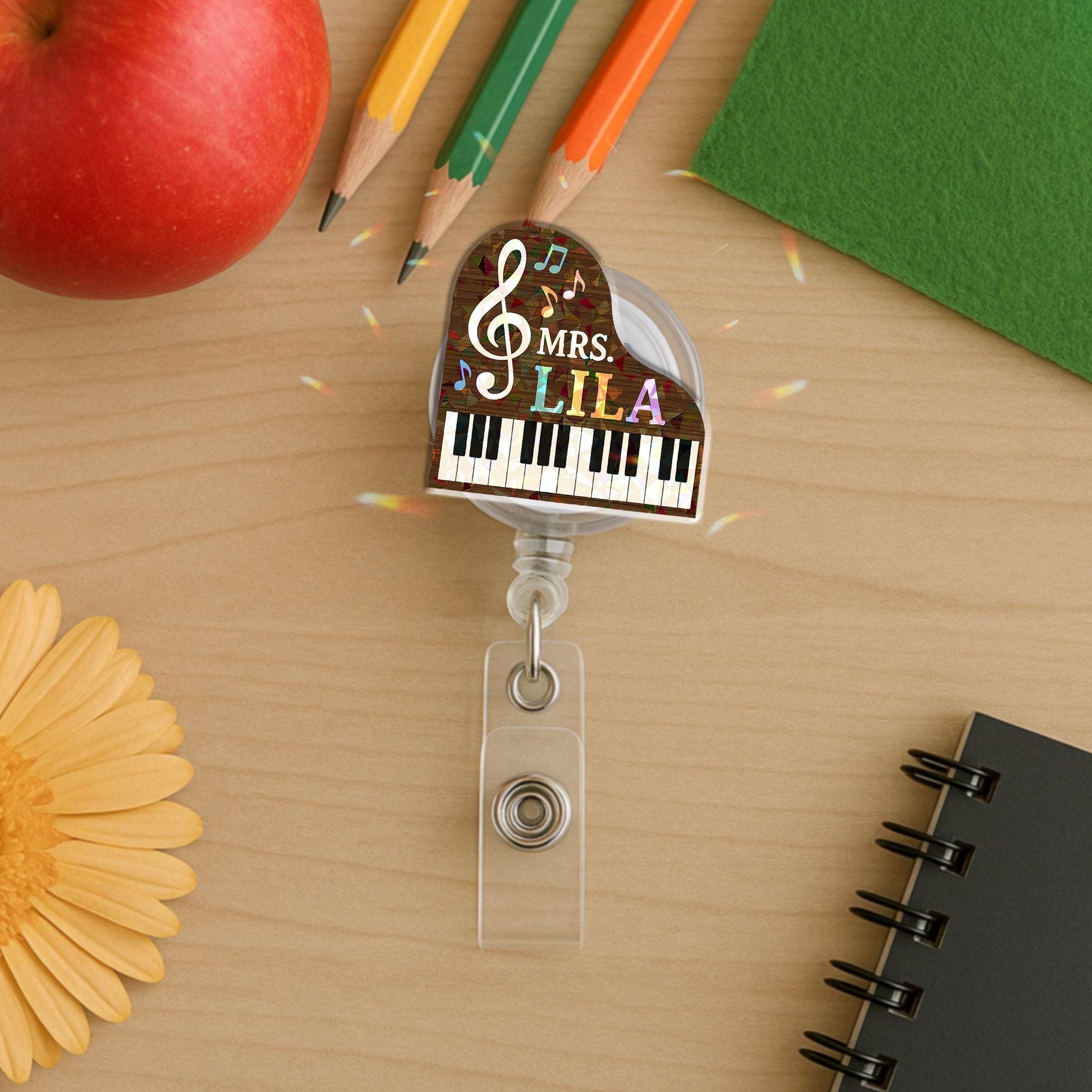 Personalized Grand Piano Badge Reel Custom Name, Cute Music Teacher Gift, Nurse ID Holder, Musician Present, Treble Clef Retractable Clip
