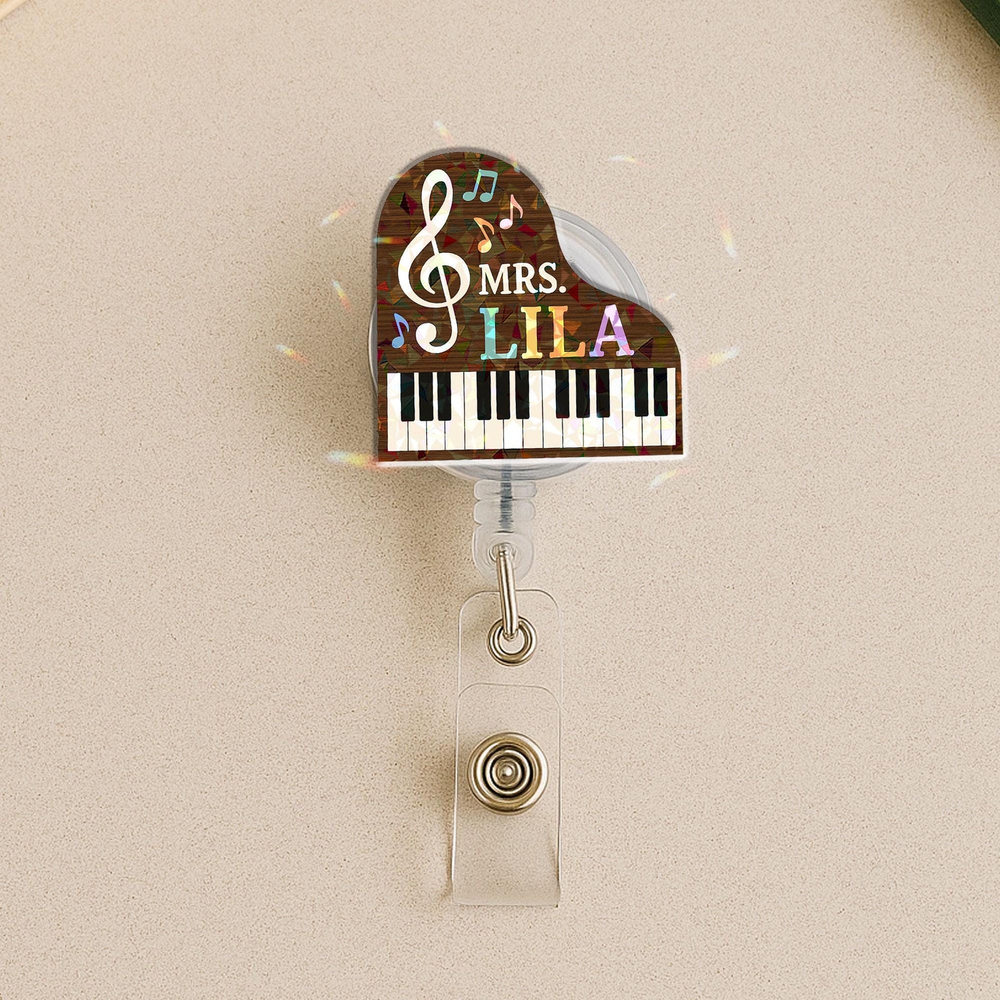 Personalized Grand Piano Badge Reel Custom Name, Cute Music Teacher Gift, Nurse ID Holder, Musician Present, Treble Clef Retractable Clip