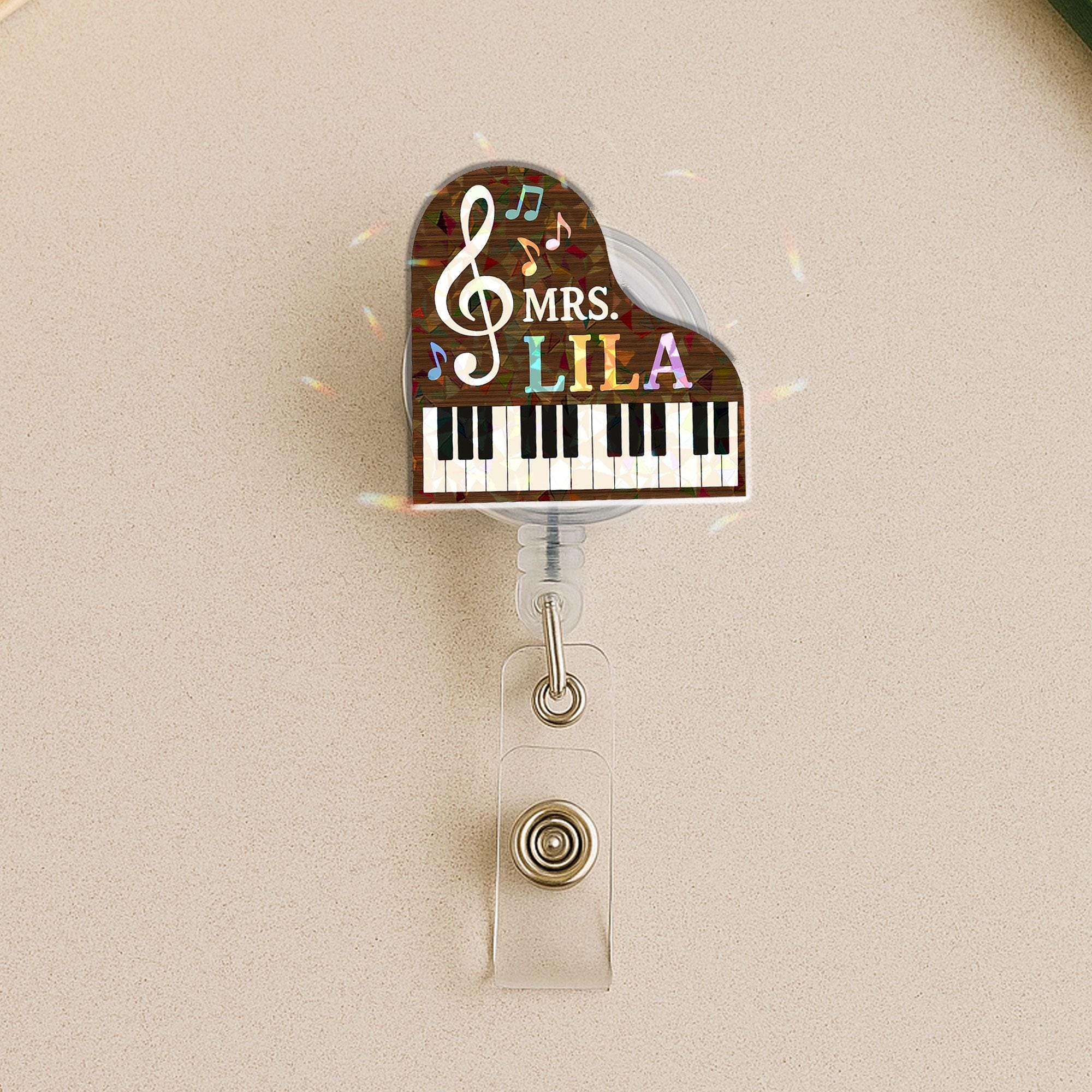 Personalized Grand Piano Badge Reel Custom Name, Cute Music Teacher Gift, Nurse ID Holder, Musician Present, Treble Clef Retractable Clip