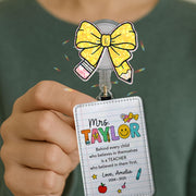 Personalized Teacher Badge Reel & Custom Name Leather Badge Holder Set, Cute Pencil Bow Topper, Back to School ID Holder Teacher Gift