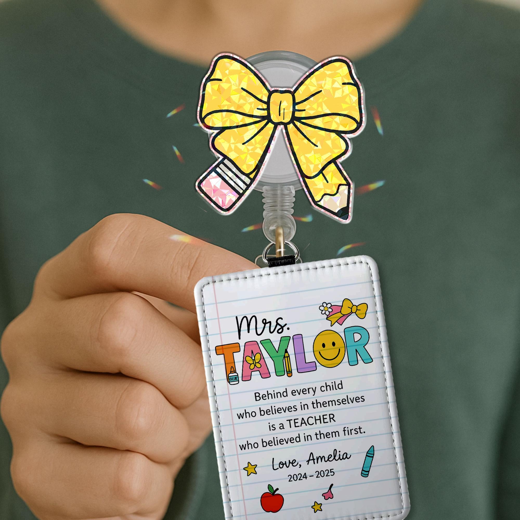 Personalized Teacher Badge Reel & Custom Name Leather Badge Holder Set, Cute Pencil Bow Topper, Back to School ID Holder Teacher Gift