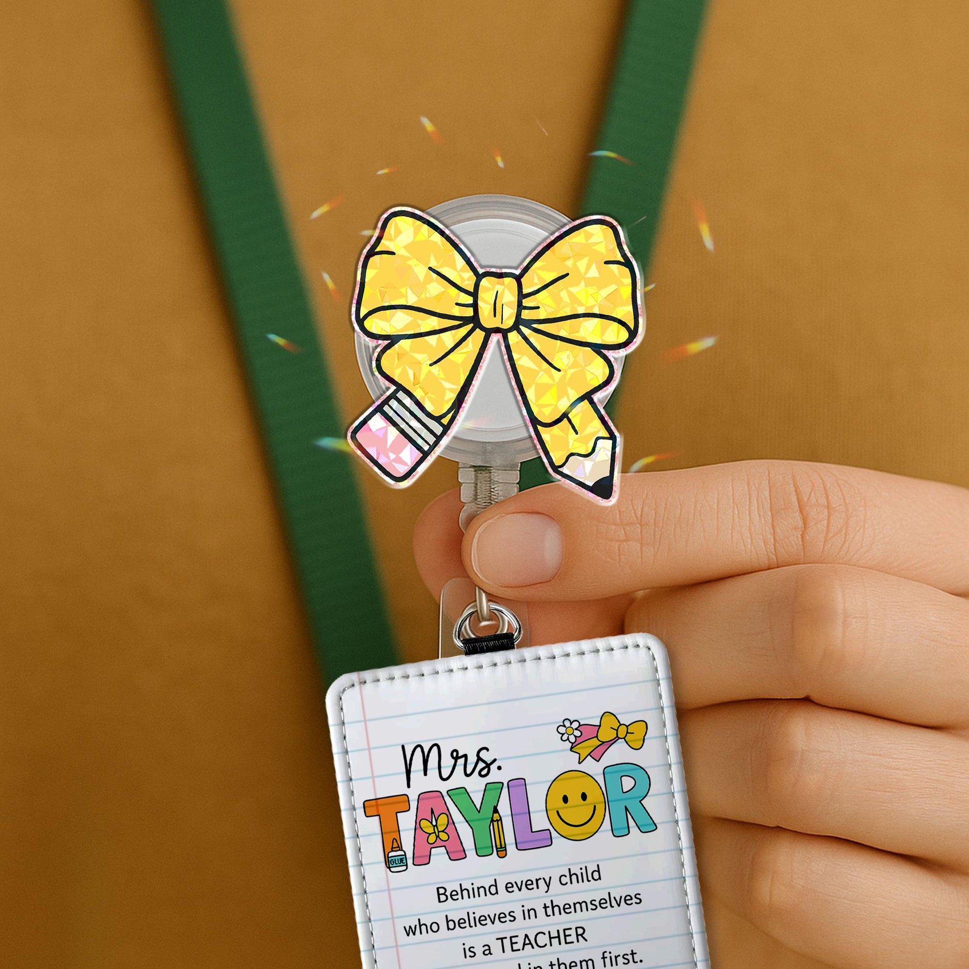 Personalized Teacher Badge Reel & Custom Name Leather Badge Holder Set, Cute Pencil Bow Topper, Back to School ID Holder Teacher Gift