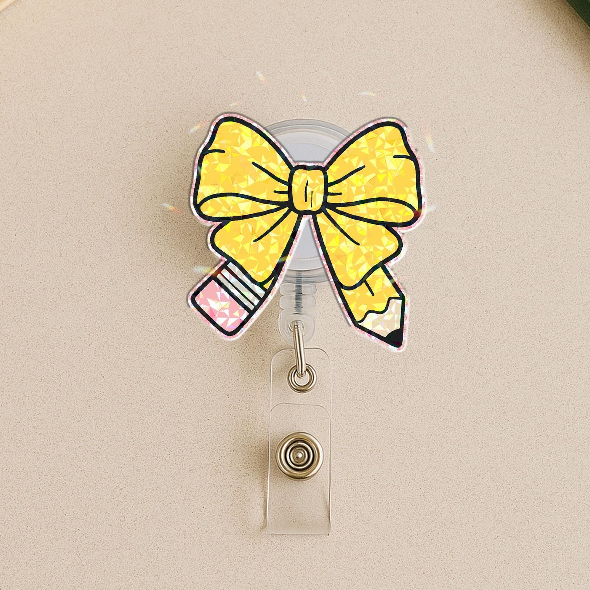 Personalized Teacher Badge Reel & Custom Name Leather Badge Holder Set, Cute Pencil Bow Topper, Back to School ID Holder Teacher Gift