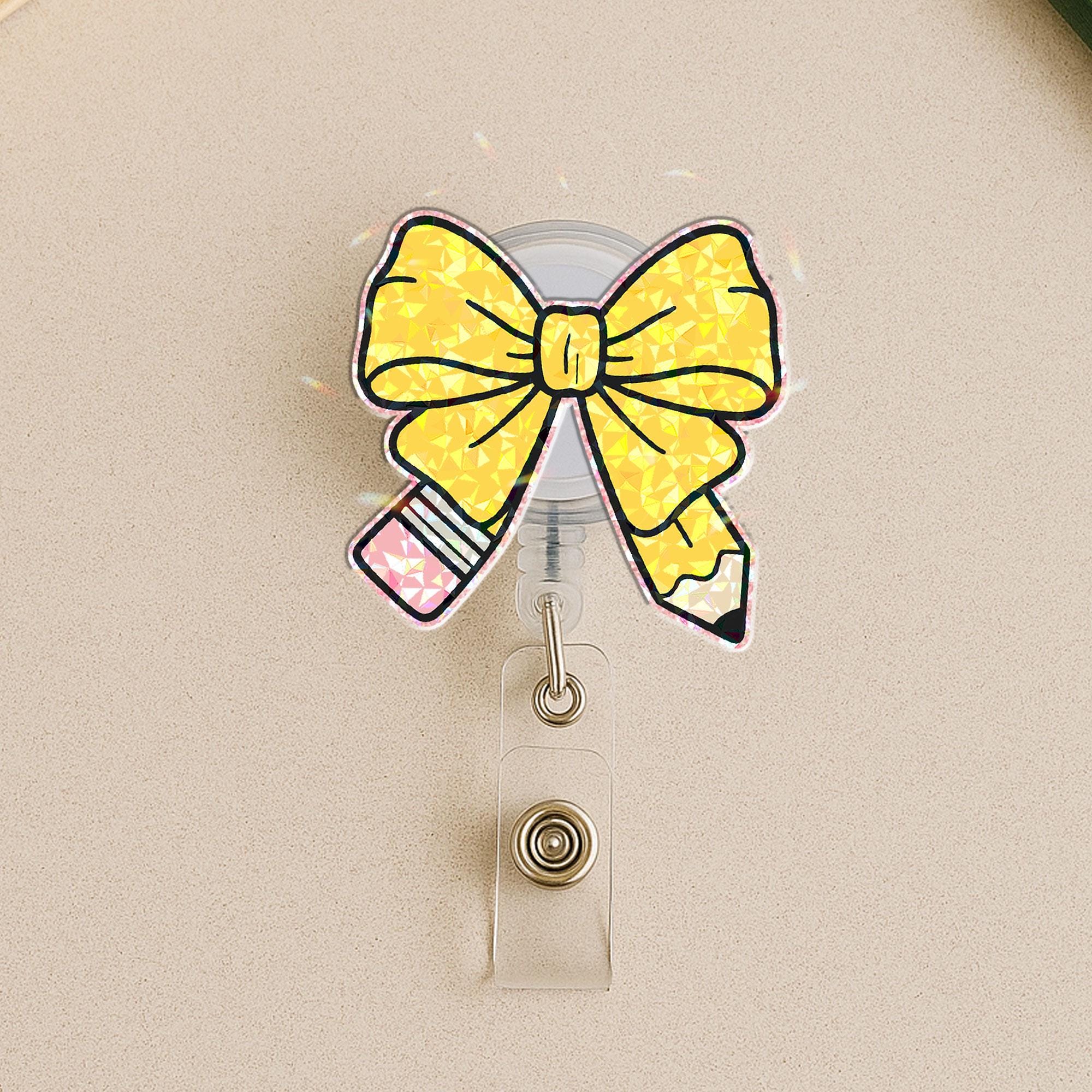 Personalized Teacher Badge Reel & Custom Name Leather Badge Holder Set, Cute Pencil Bow Topper, Back to School ID Holder Teacher Gift