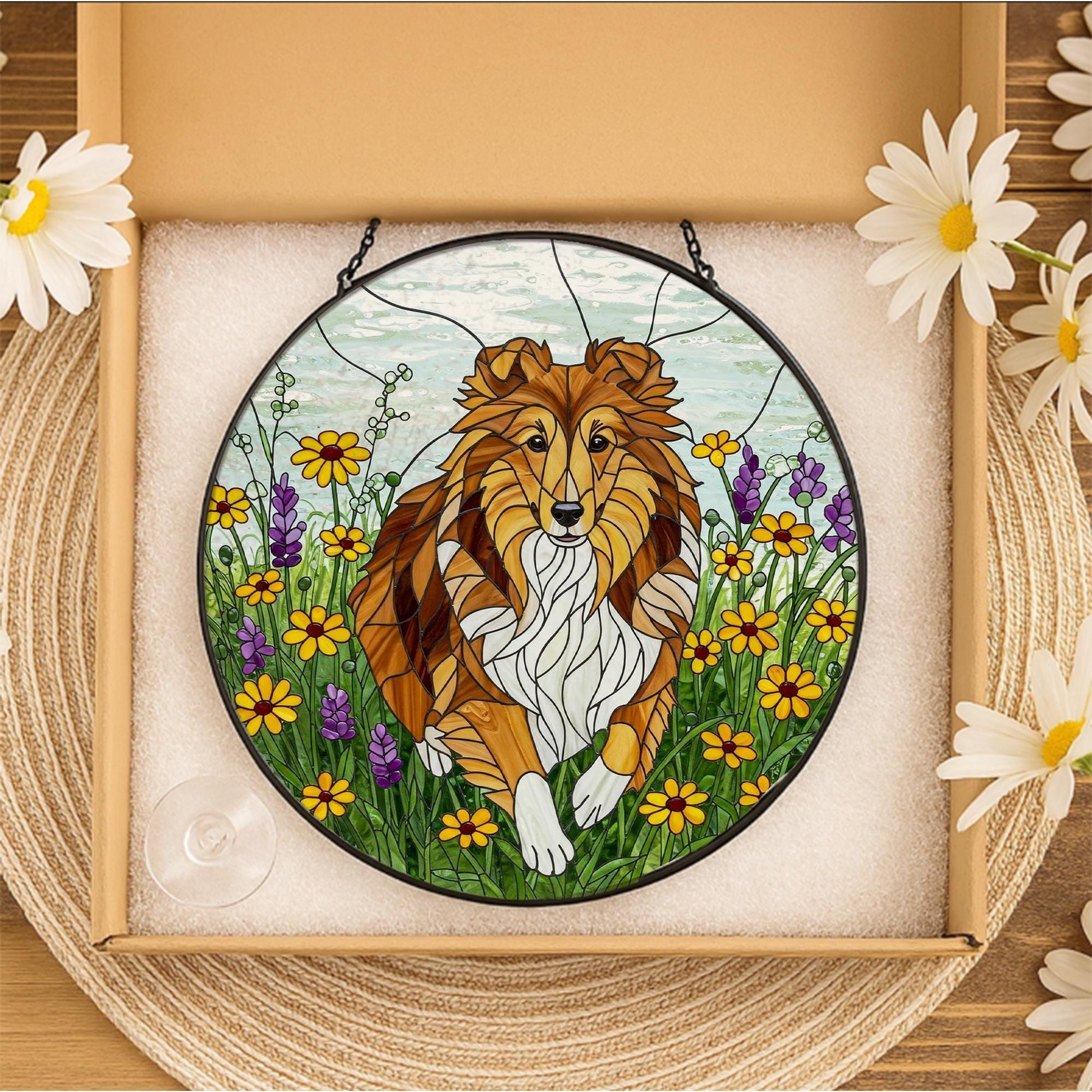 Sheltie Dog Wildflower Glass Suncatcher – Shetland Sheepdog Window Hanging Gift for Mom, Dog Lover, Pet Memorial Decor