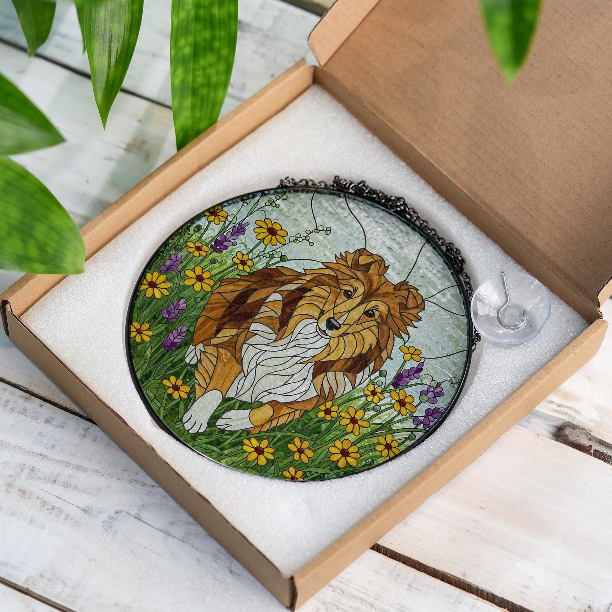 Sheltie Dog Wildflower Glass Suncatcher – Shetland Sheepdog Window Hanging Gift for Mom, Dog Lover, Pet Memorial Decor