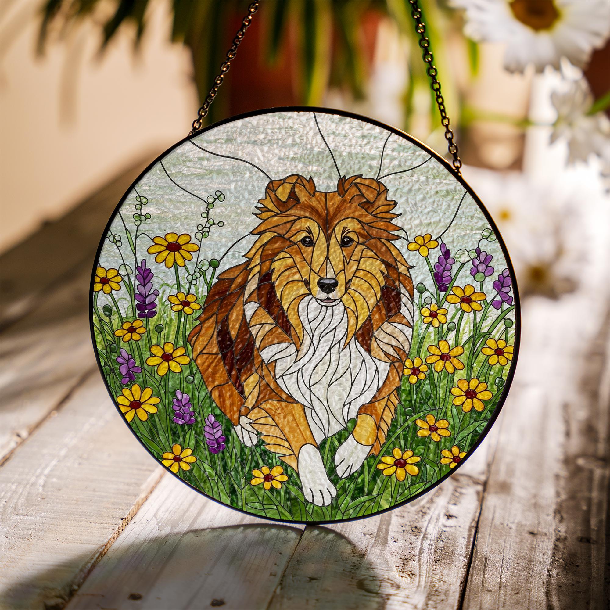 Sheltie Dog Wildflower Glass Suncatcher – Shetland Sheepdog Window Hanging Gift for Mom, Dog Lover, Pet Memorial Decor