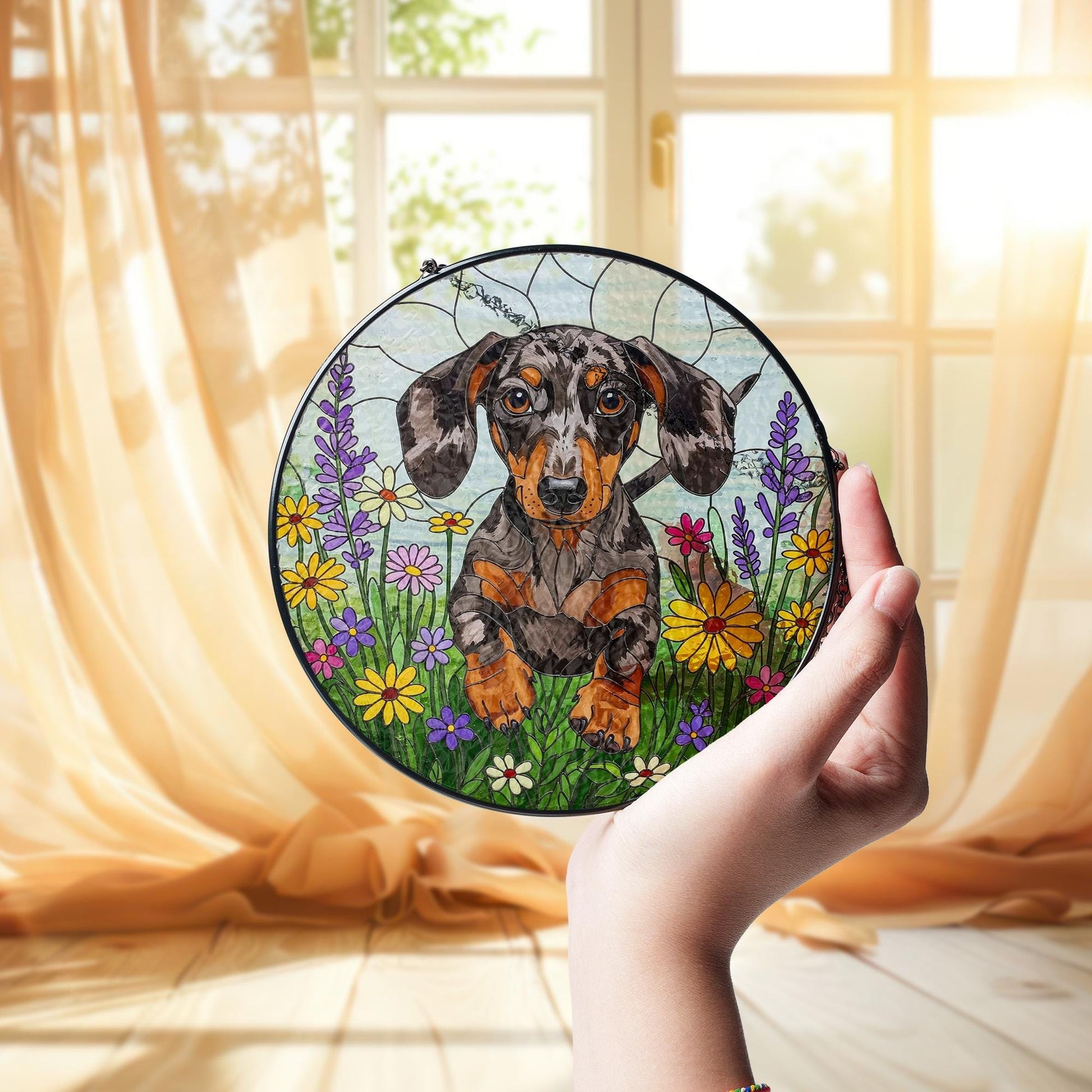 Dapple Dachshund Wildflower Glass Suncatcher – Weiner Dog Window Hanging Gift for Dog Mom, Pet Lover, Mother's Day Decor