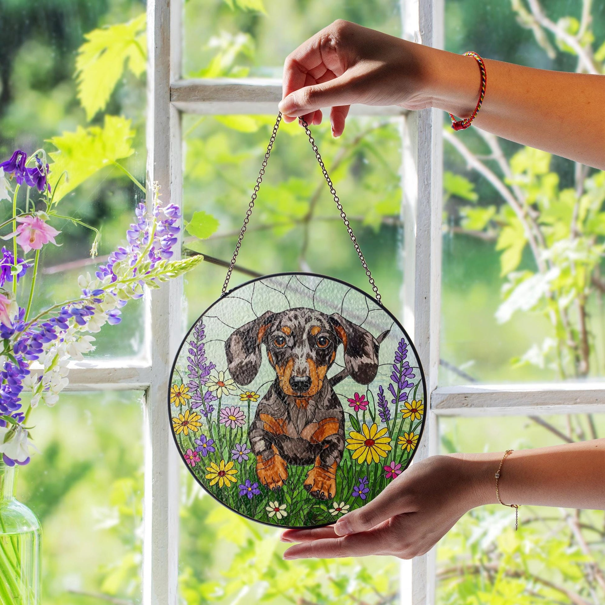 Dapple Dachshund Wildflower Glass Suncatcher – Weiner Dog Window Hanging Gift for Dog Mom, Pet Lover, Mother's Day Decor