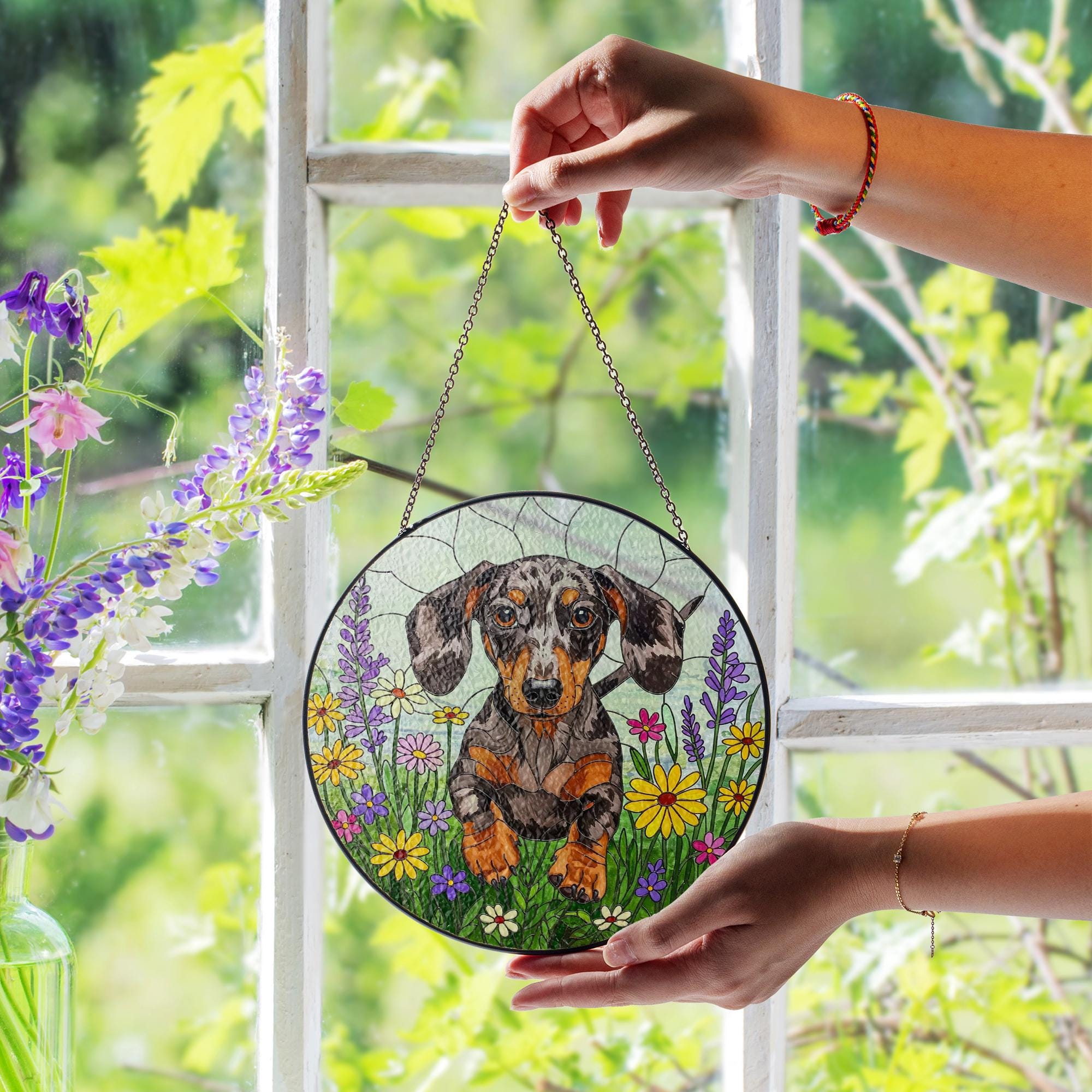 Dapple Dachshund Wildflower Glass Suncatcher – Weiner Dog Window Hanging Gift for Dog Mom, Pet Lover, Mother's Day Decor