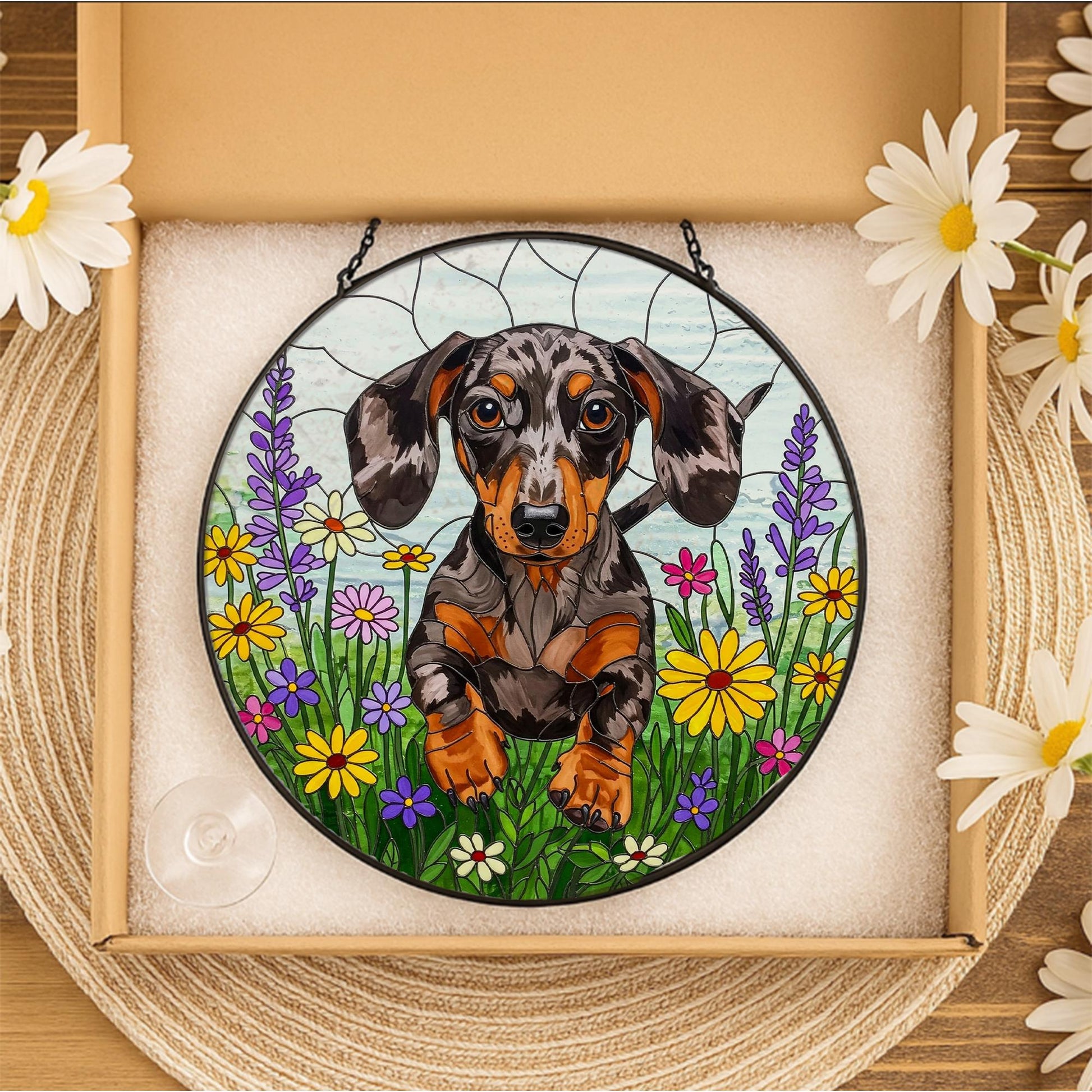 Dapple Dachshund Wildflower Glass Suncatcher – Weiner Dog Window Hanging Gift for Dog Mom, Pet Lover, Mother's Day Decor