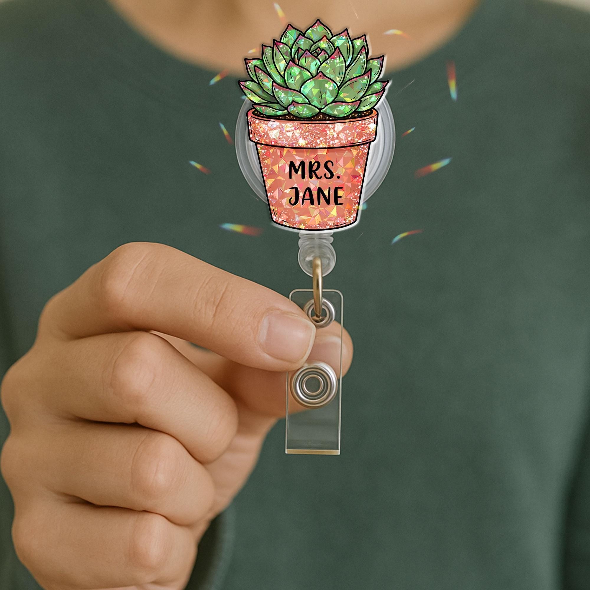 Personalized Teacher Gift Badge Reel & Leather Holder Set | Custom Succulent Topper | Thank You For Helping Me Grow | Teacher Appreciation