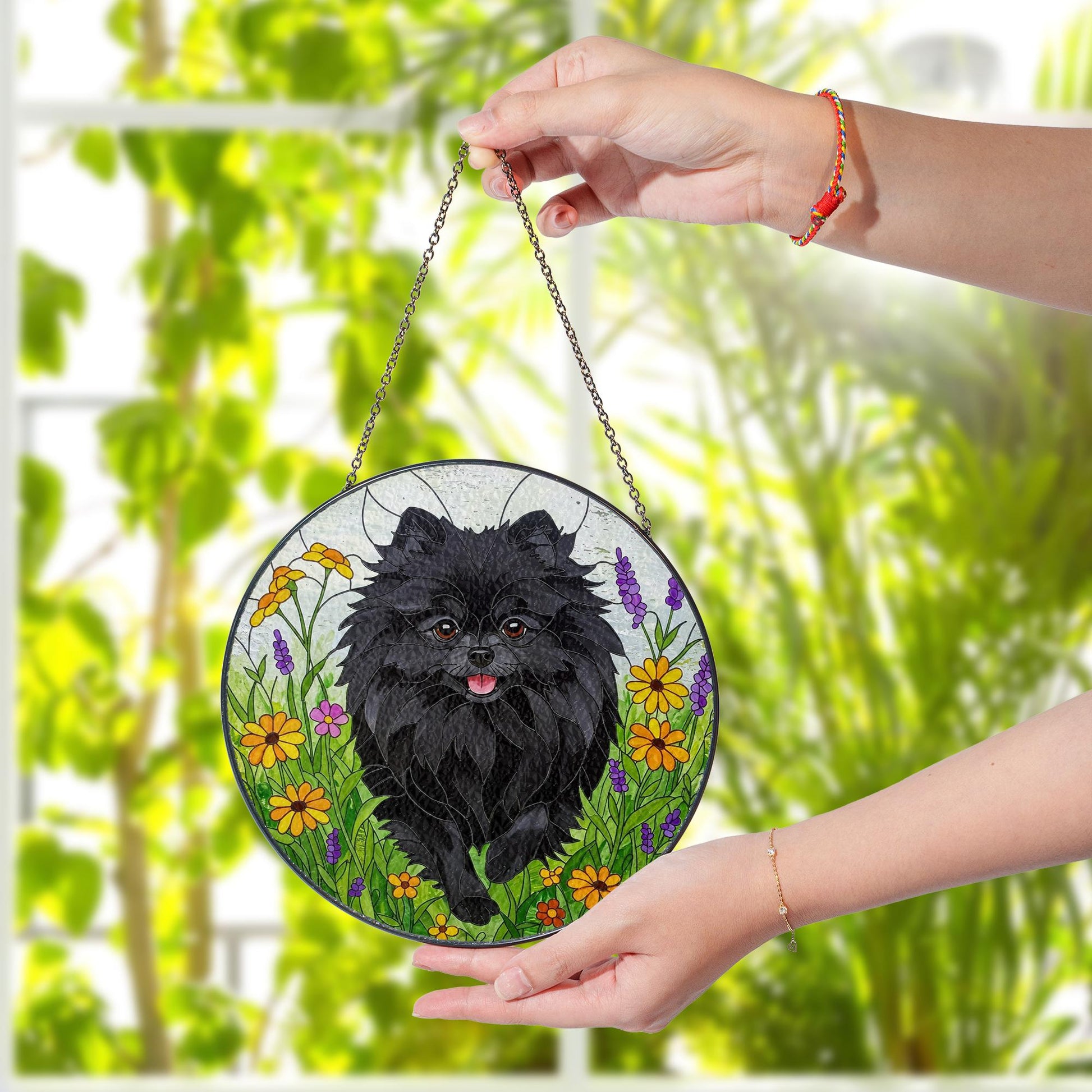 Black Pomeranian Wildflower Glass Suncatcher – Pomeranian Dog Window Hanging Gift for Dog Mom, Pet Memorial, Mother's Day Gift