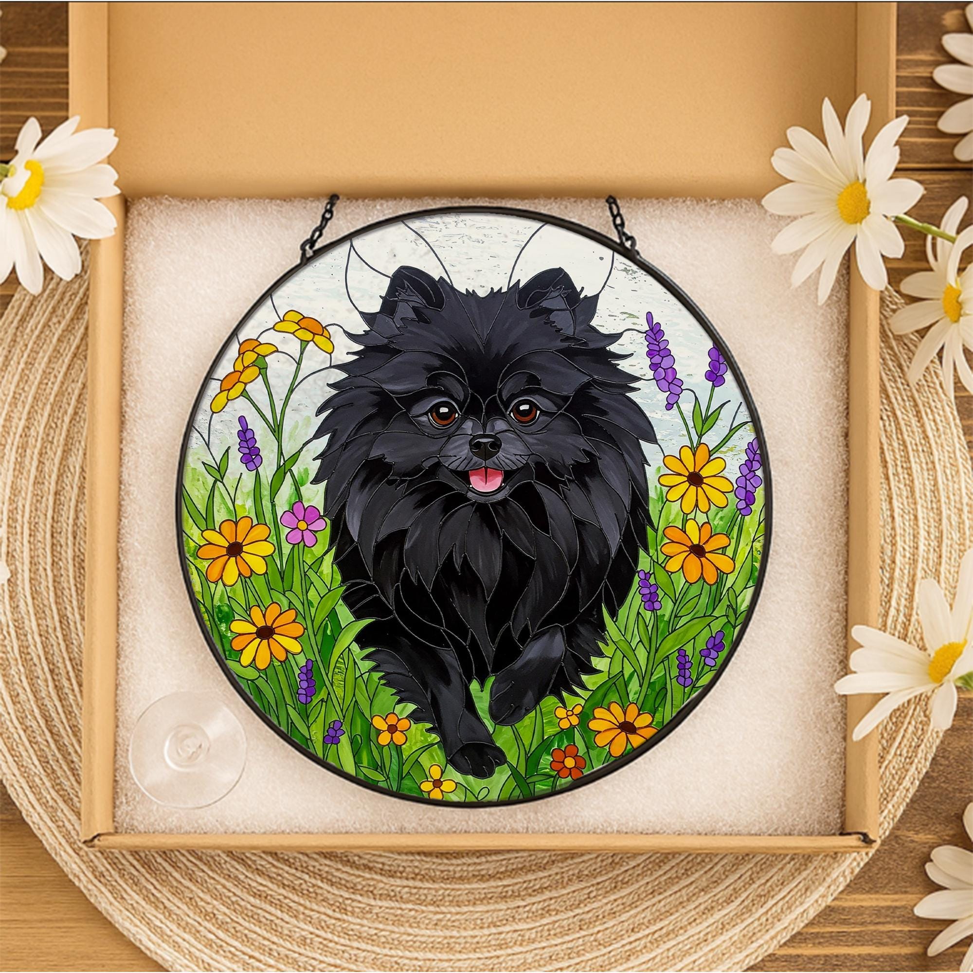 Black Pomeranian Wildflower Glass Suncatcher – Pomeranian Dog Window Hanging Gift for Dog Mom, Pet Memorial, Mother's Day Gift