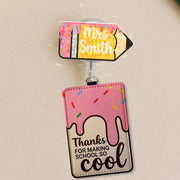Personalized Teacher Badge Reel & Leather Holder Set, Custom Pencil Name Badge, Cute Ice Cream ID Holder, Teacher Appreciation Gift