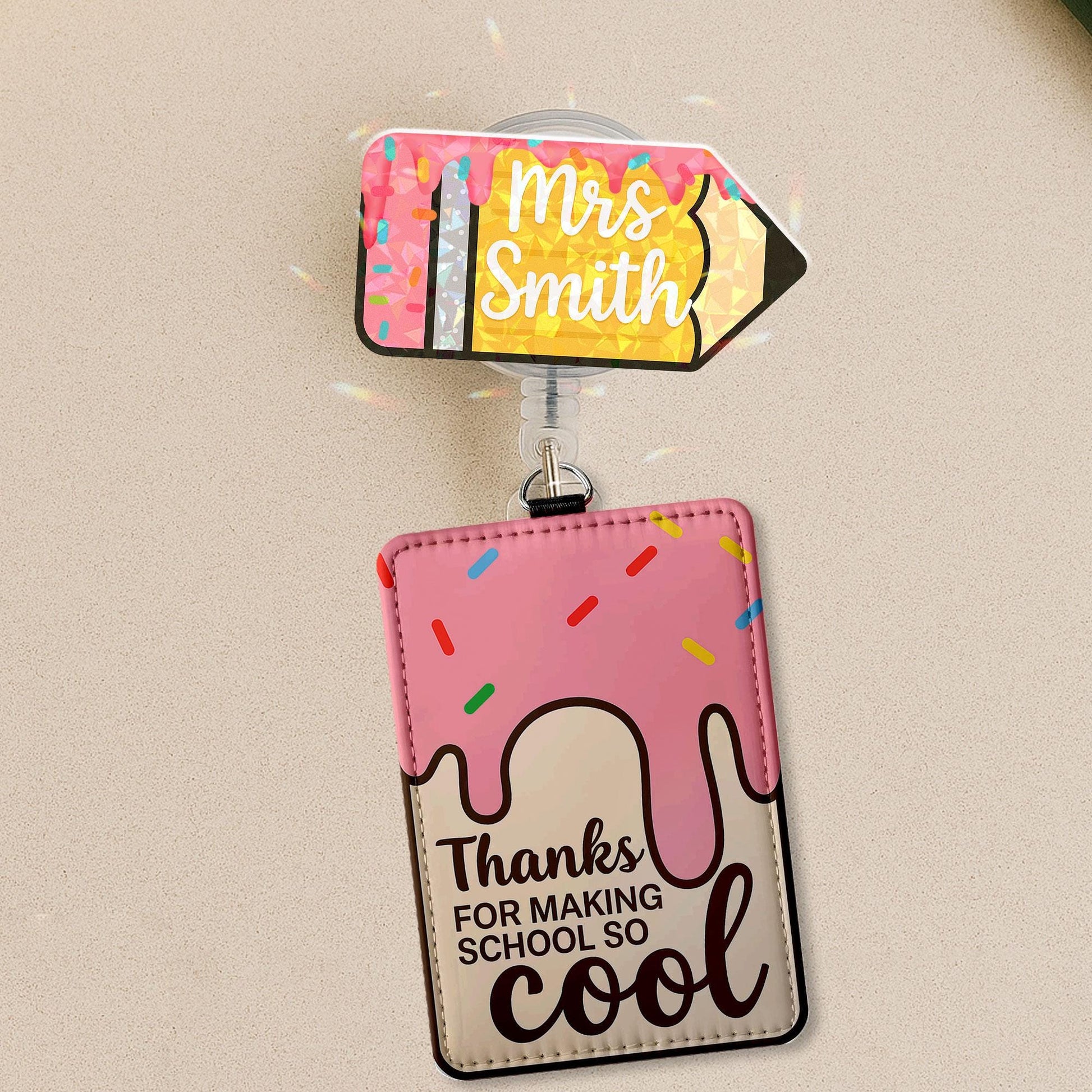 Personalized Teacher Badge Reel & Leather Holder Set, Custom Pencil Name Badge, Cute Ice Cream ID Holder, Teacher Appreciation Gift