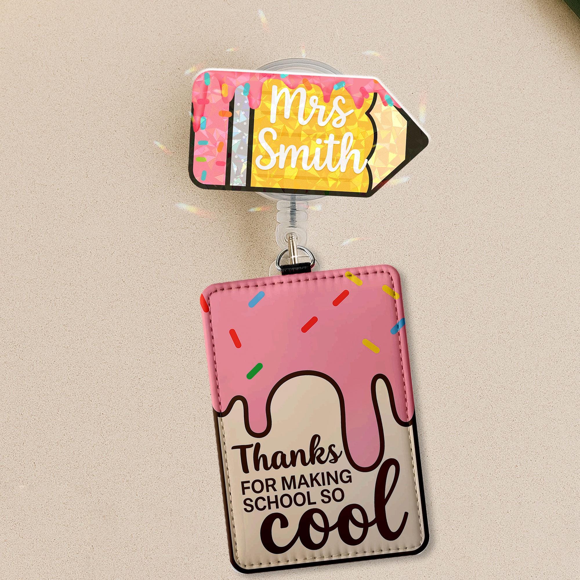 Personalized Teacher Badge Reel & Leather Holder Set, Custom Pencil Name Badge, Cute Ice Cream ID Holder, Teacher Appreciation Gift