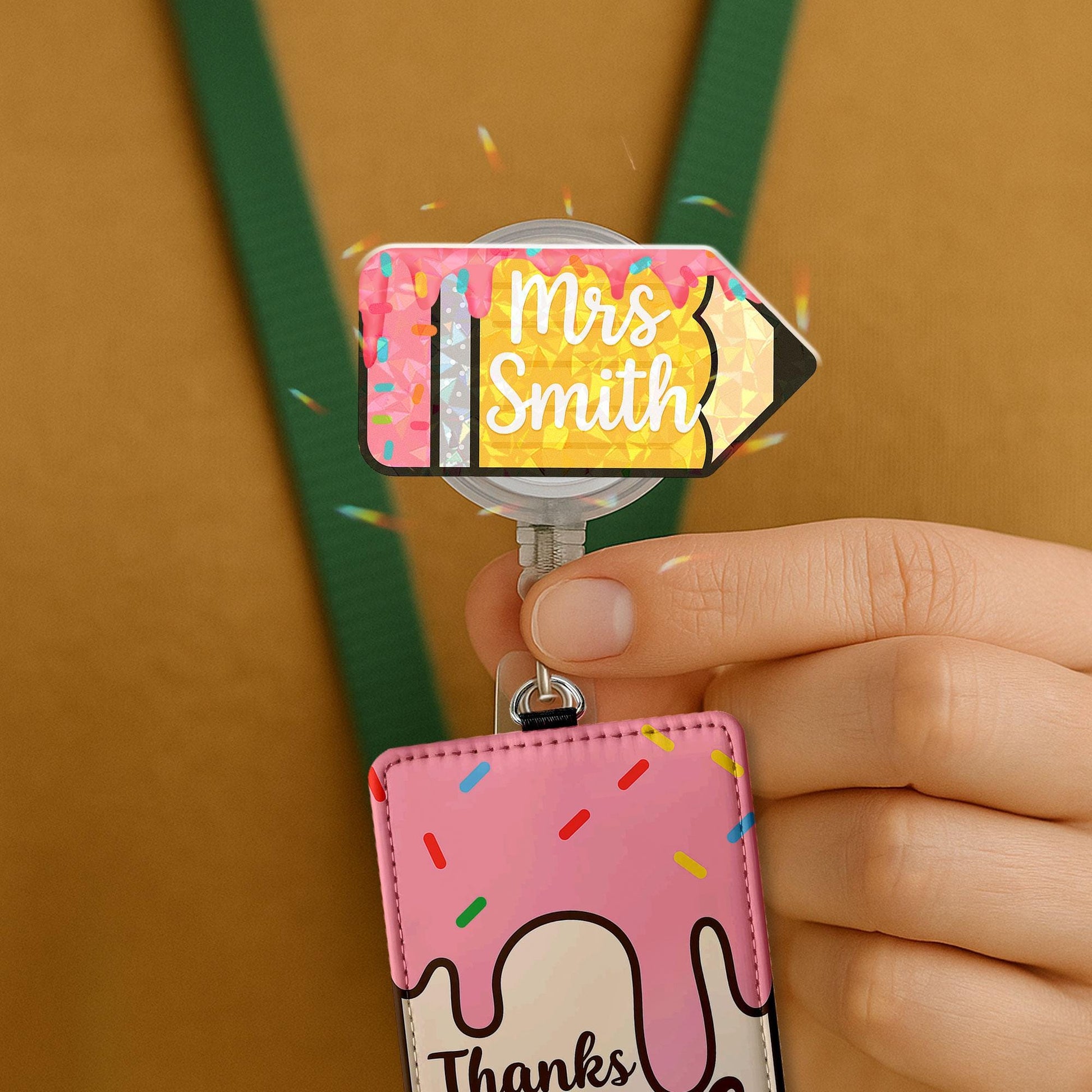 Personalized Teacher Badge Reel & Leather Holder Set, Custom Pencil Name Badge, Cute Ice Cream ID Holder, Teacher Appreciation Gift