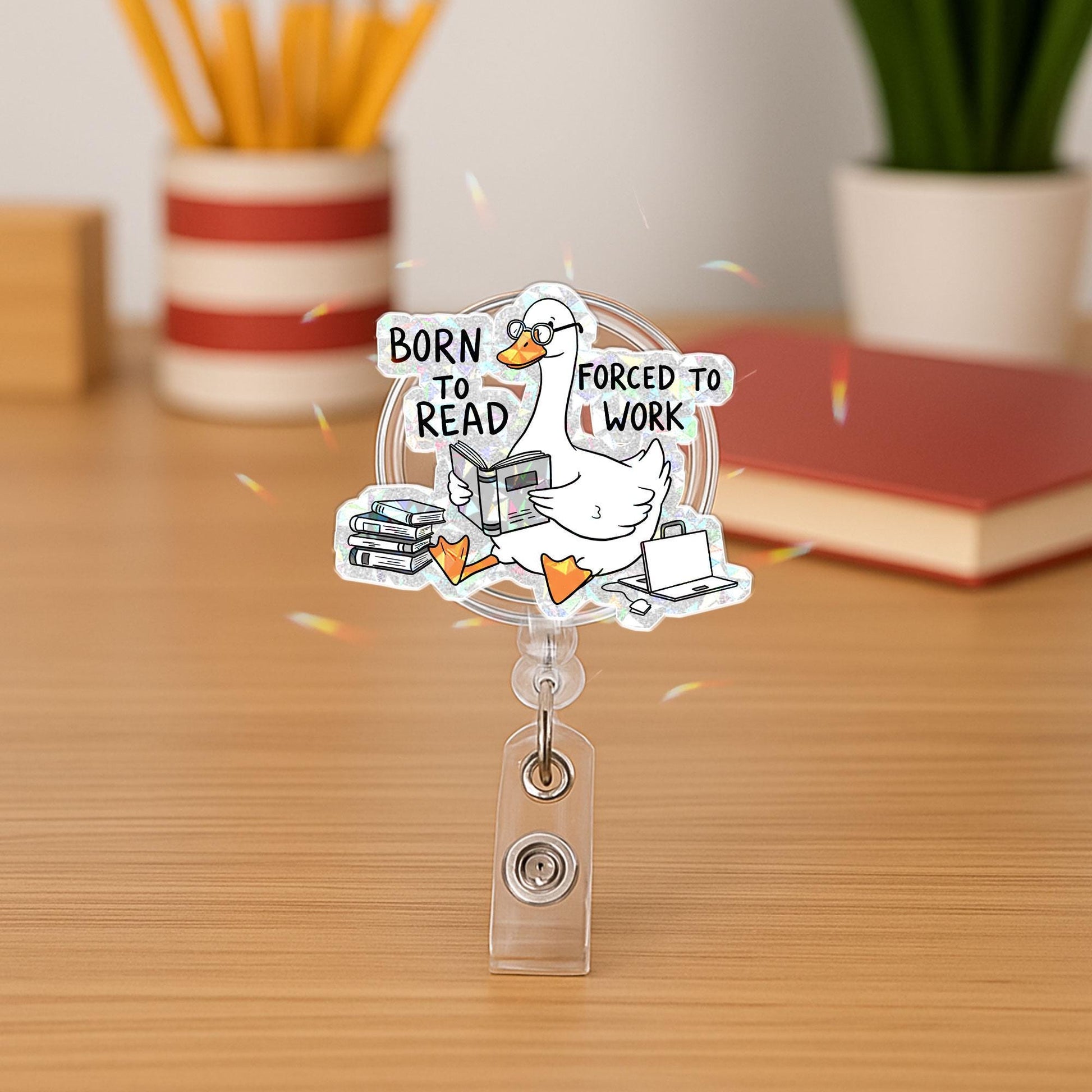 Funny Reading Duck Badge Reel, Born To Read Forced To Work Quote, Cute Book Lover Retractable ID Holder Gift for Nurse Teacher Librarian