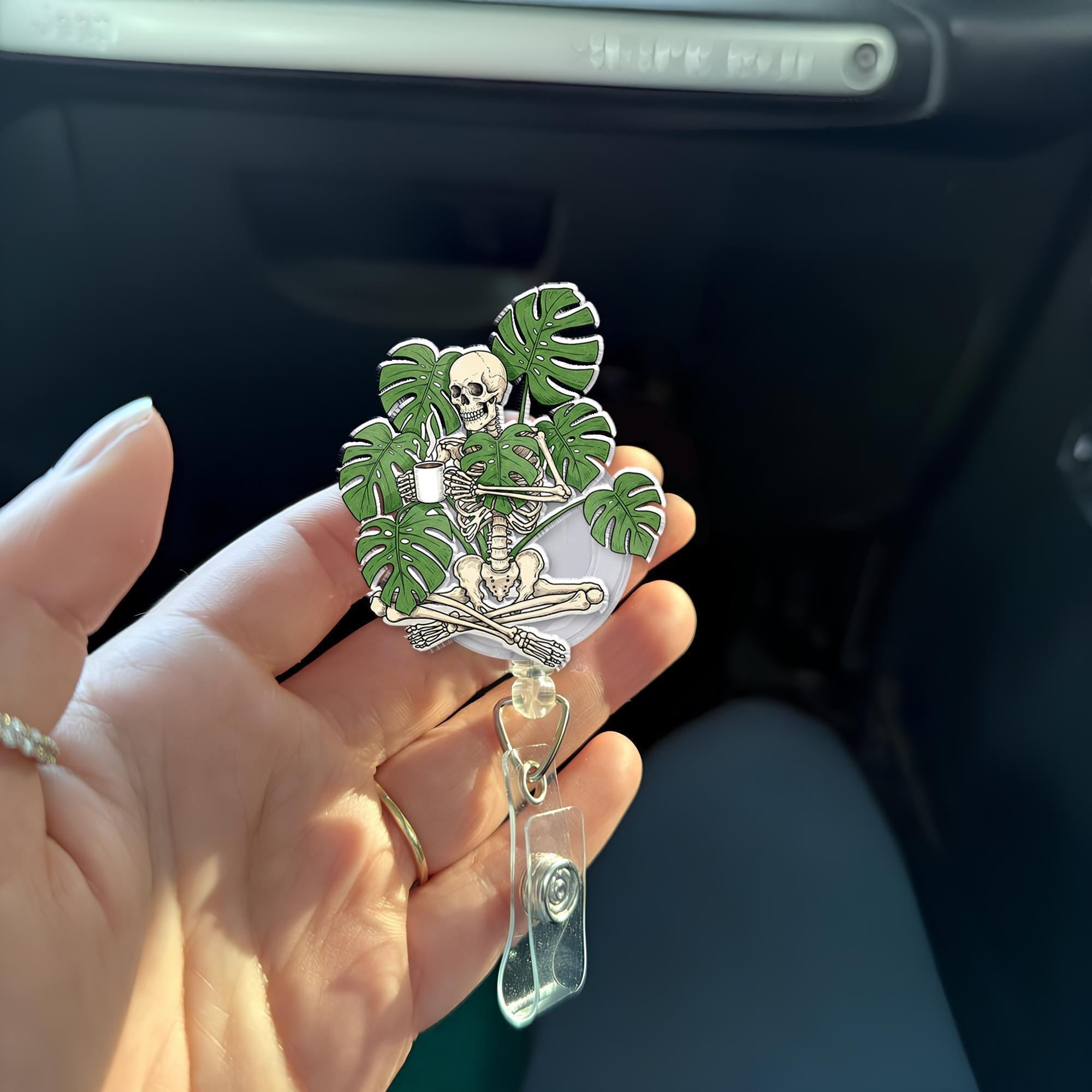 Skeleton & Monstera Plant Badge Reel | Coffee Lover Skull Retractable ID Holder | Funny Nurse Teacher Gift | Plant Parent Accessory