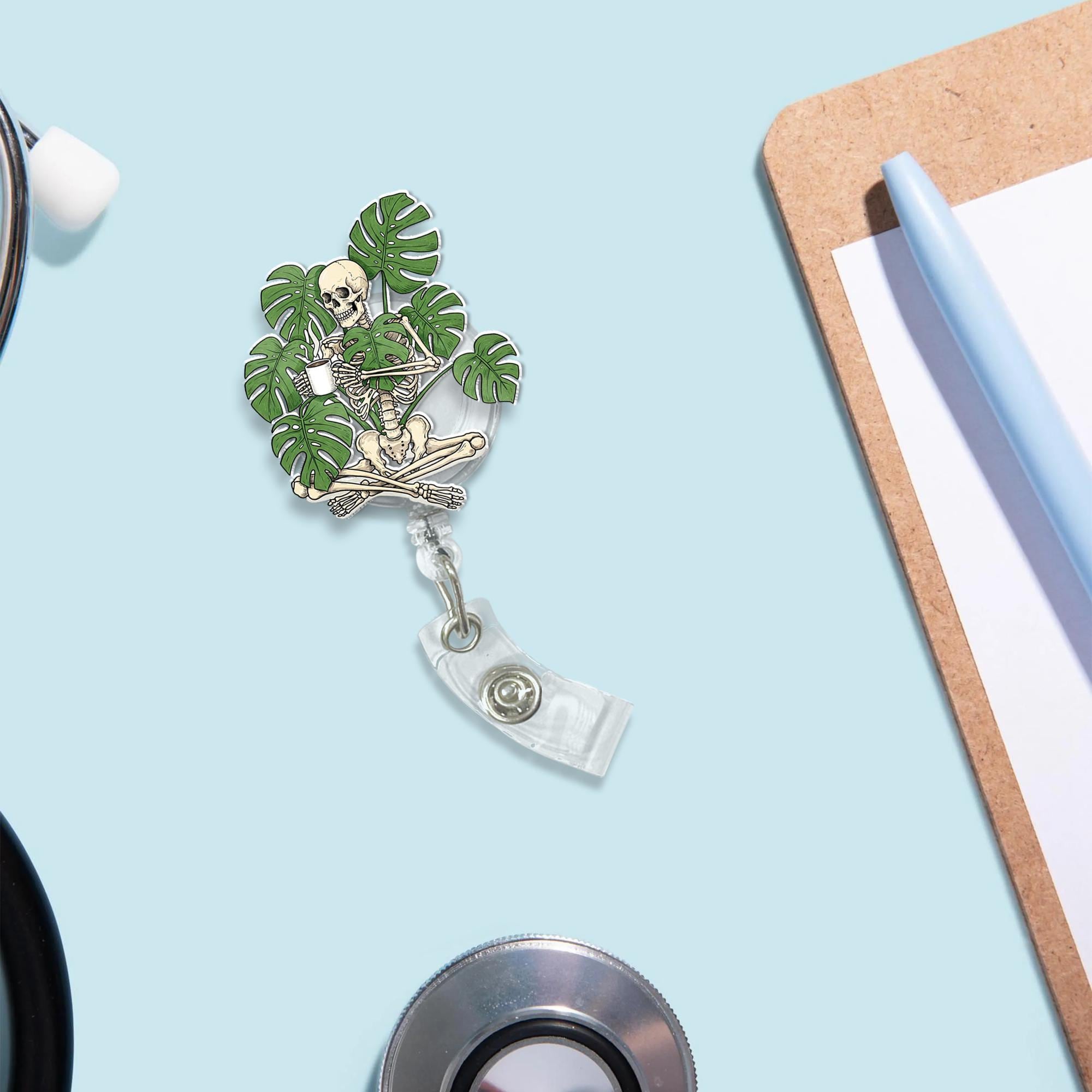Skeleton & Monstera Plant Badge Reel | Coffee Lover Skull Retractable ID Holder | Funny Nurse Teacher Gift | Plant Parent Accessory