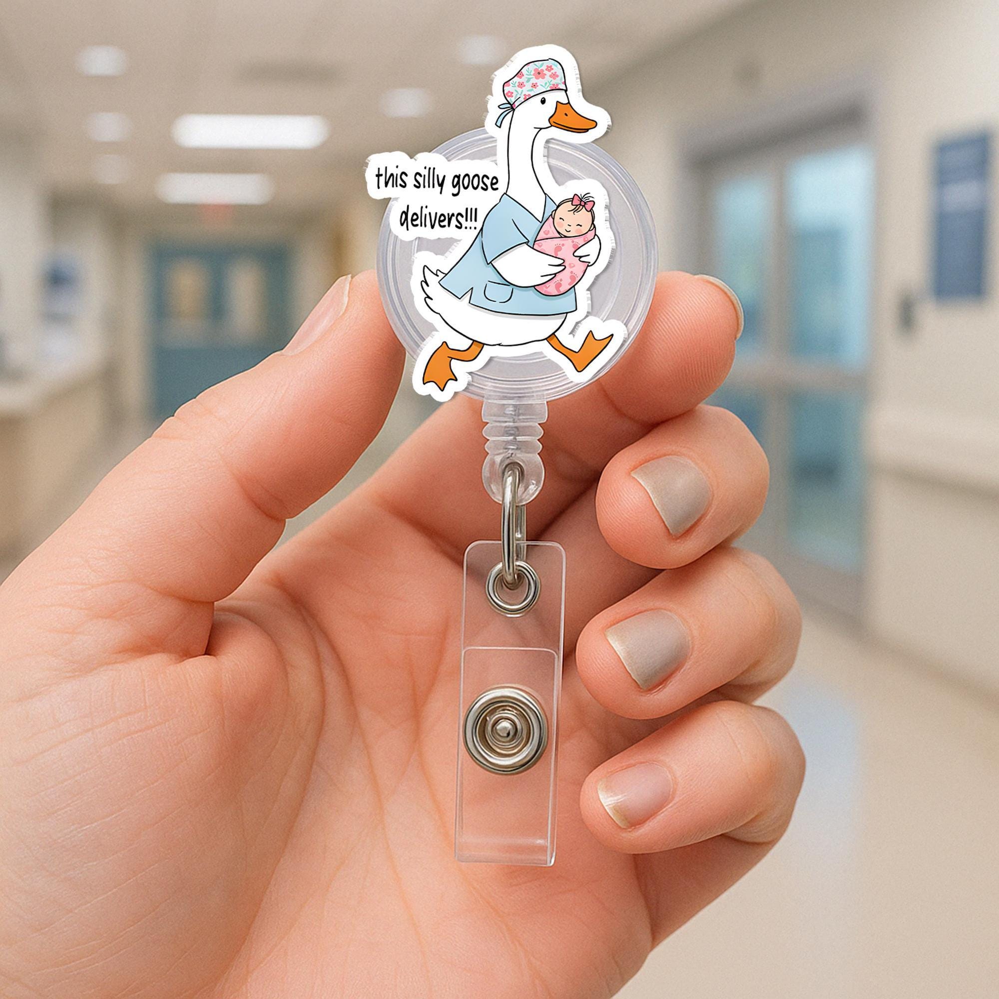 Silly Goose Delivers Badge Reel, Funny L&D Nurse Gift, Retractable ID Holder for NICU, Postpartum, Peds, Midwife, Cute RN Accessory
