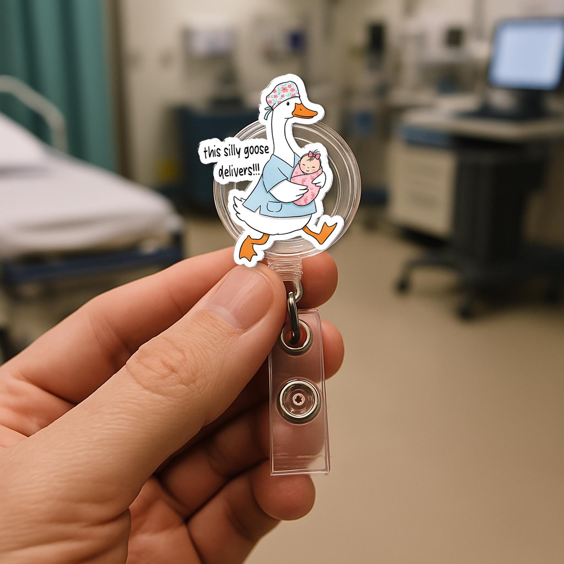Silly Goose Delivers Badge Reel, Funny L&D Nurse Gift, Retractable ID Holder for NICU, Postpartum, Peds, Midwife, Cute RN Accessory