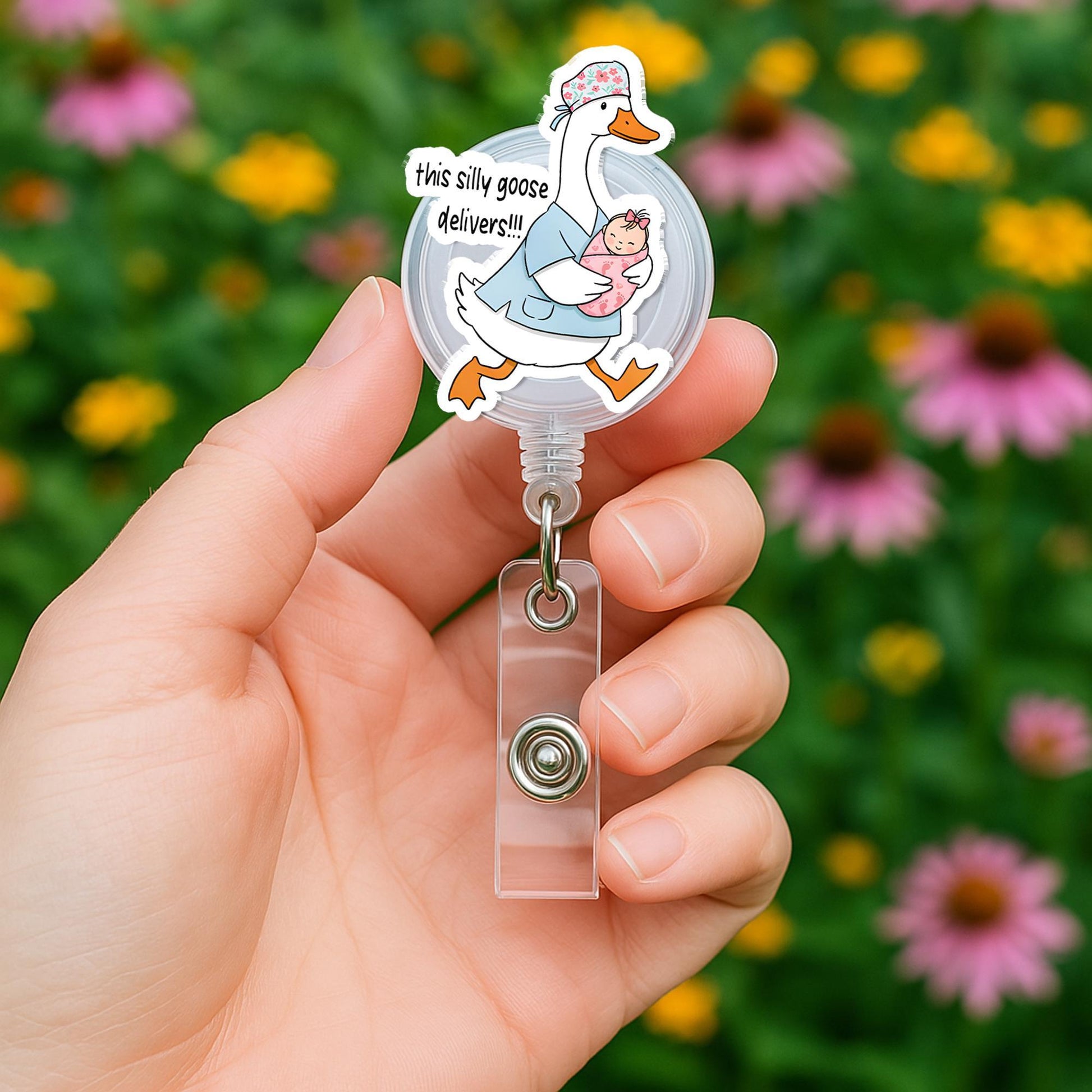 Silly Goose Delivers Badge Reel, Funny L&D Nurse Gift, Retractable ID Holder for NICU, Postpartum, Peds, Midwife, Cute RN Accessory