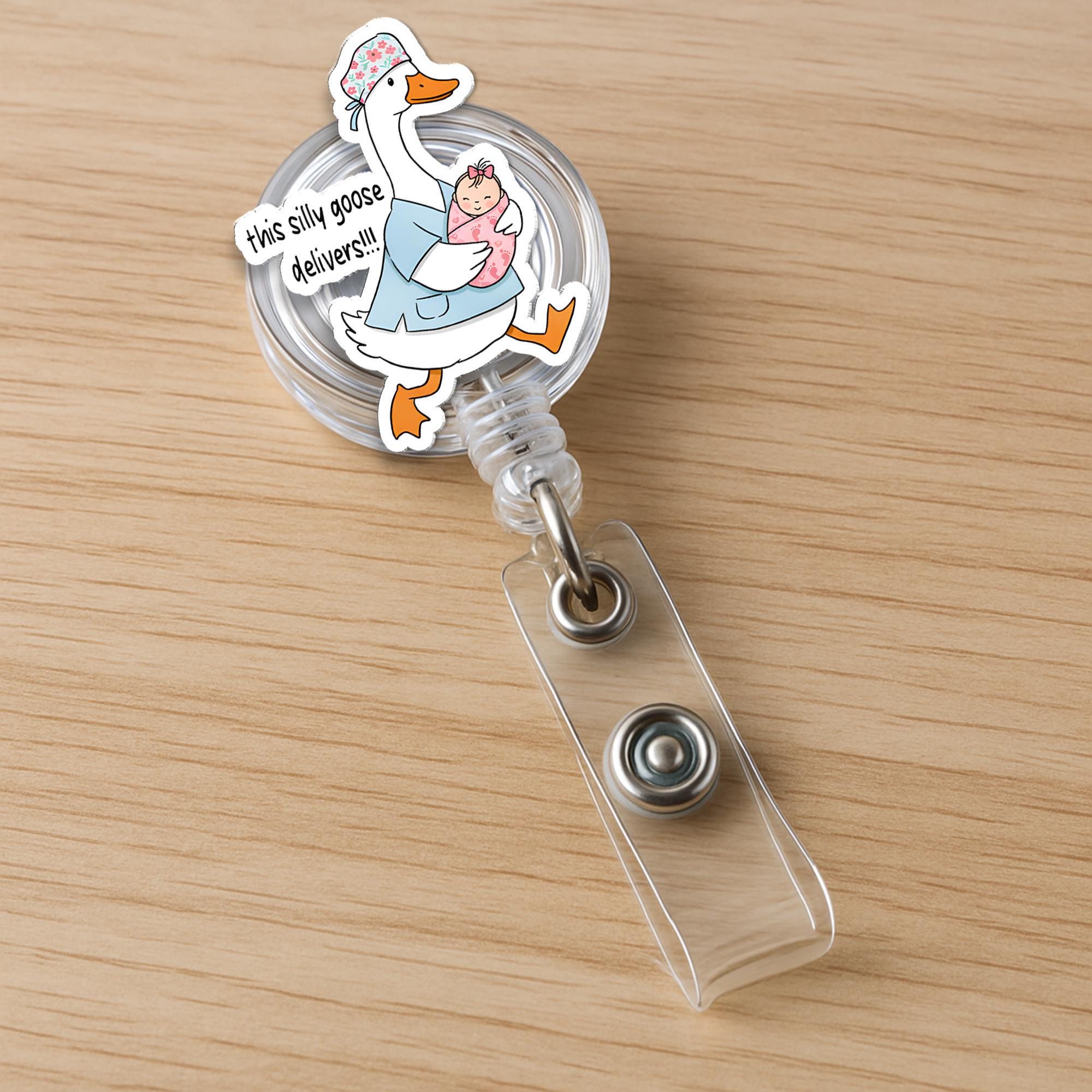 Silly Goose Delivers Badge Reel, Funny L&D Nurse Gift, Retractable ID Holder for NICU, Postpartum, Peds, Midwife, Cute RN Accessory