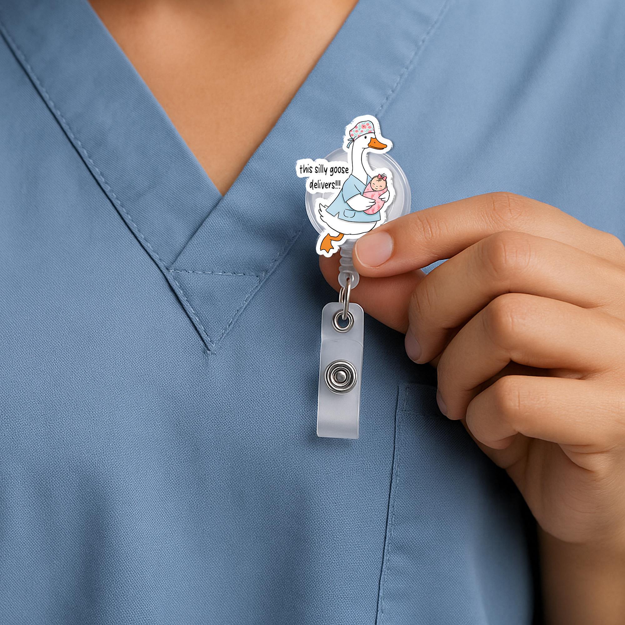 Silly Goose Delivers Badge Reel, Funny L&D Nurse Gift, Retractable ID Holder for NICU, Postpartum, Peds, Midwife, Cute RN Accessory