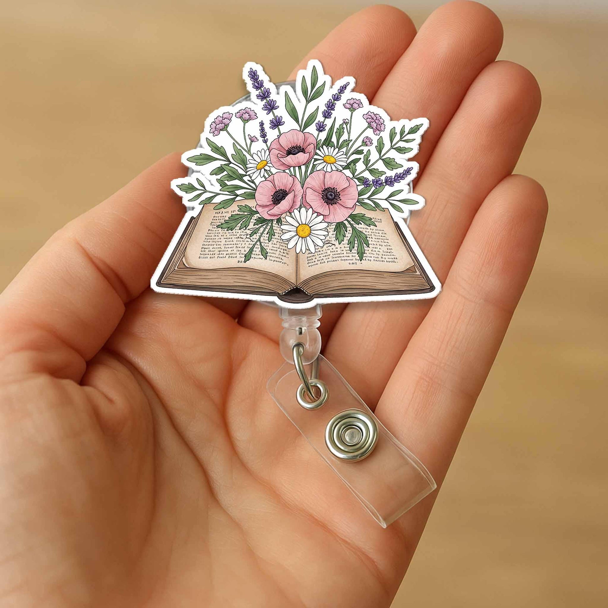 Floral Book Badge Reel, Botanical ID Holder, Book Lover Gift, Teacher Badge Clip, Librarian Accessory, Aesthetic Floral Badge