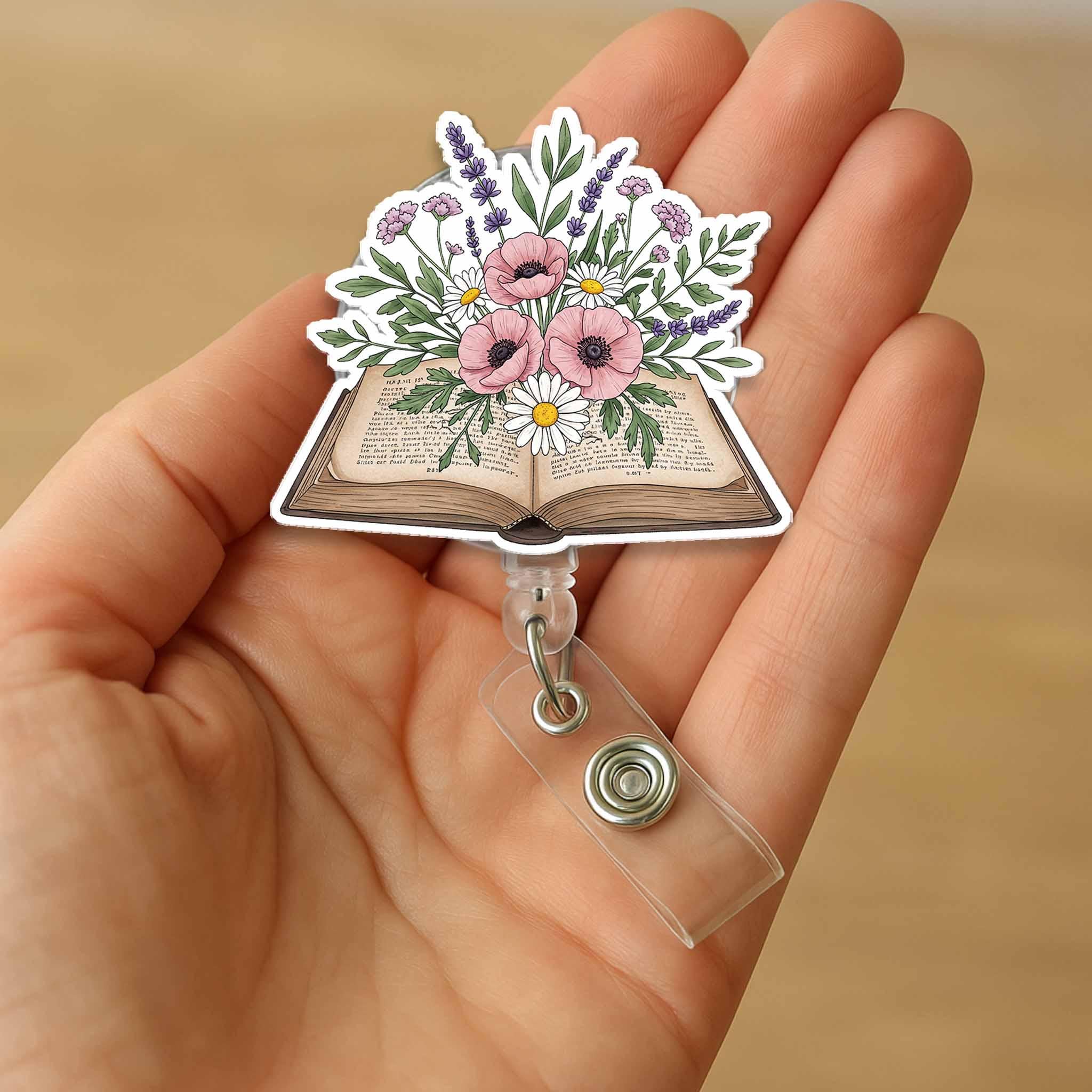 Floral Book Badge Reel, Botanical ID Holder, Book Lover Gift, Teacher Badge Clip, Librarian Accessory, Aesthetic Floral Badge