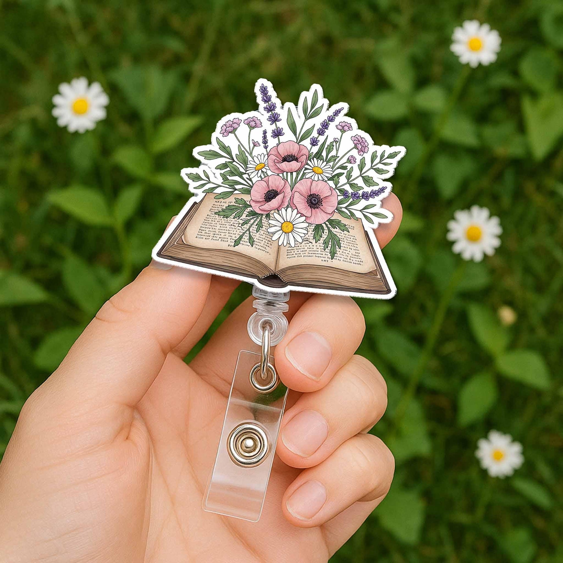 Floral Book Badge Reel, Botanical ID Holder, Book Lover Gift, Teacher Badge Clip, Librarian Accessory, Aesthetic Floral Badge