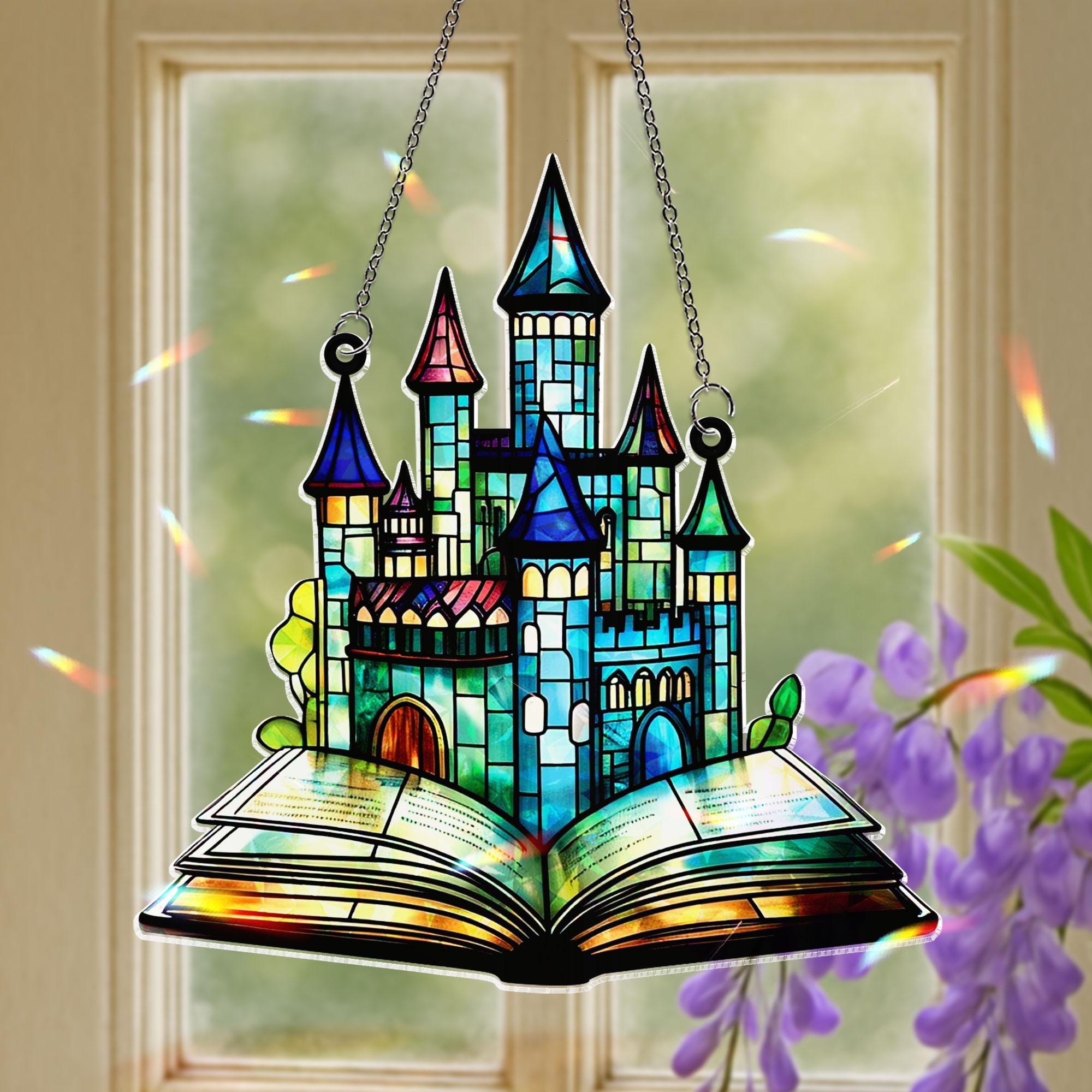 Storybook Castle Acrylic Window Hanging Ornament, Colorful Fairytale Magic Decor, Fantasy Book Lover Gift, Whimsical Window Art Charm