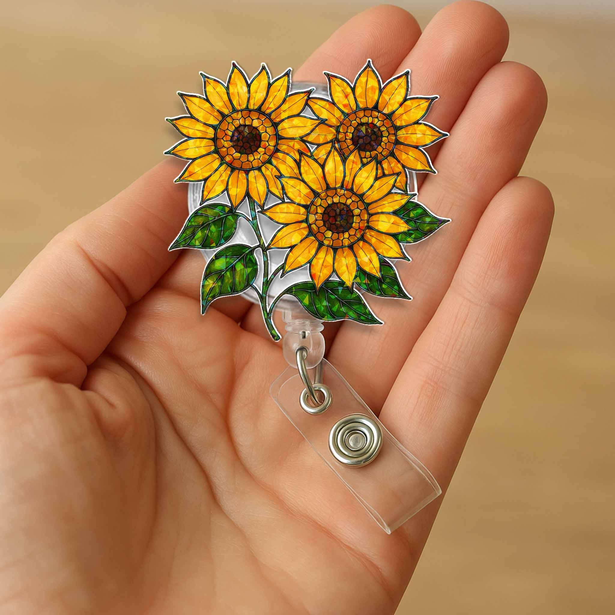 Sunflower Hologram Badge Reel, Floral ID Holder, Retractable Name Tag, Bright Flower Badge Clip, Nurse Gift, Teacher ID Accessory