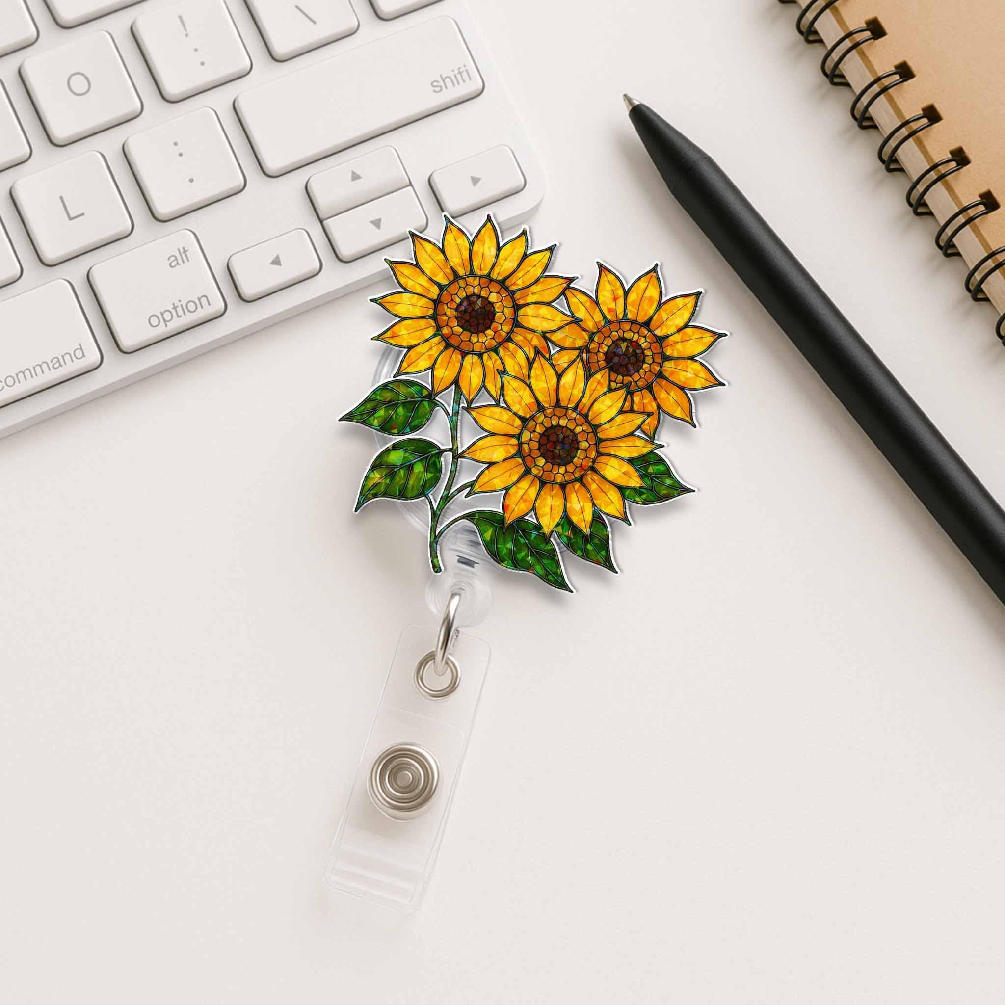 Sunflower Hologram Badge Reel, Floral ID Holder, Retractable Name Tag, Bright Flower Badge Clip, Nurse Gift, Teacher ID Accessory