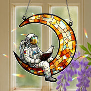 Astronaut Reading on Moon Acrylic Window Hanging, Colorful Ornament, Space Theme Decor Gift for Reader or Kids Room, Bookworm Gift