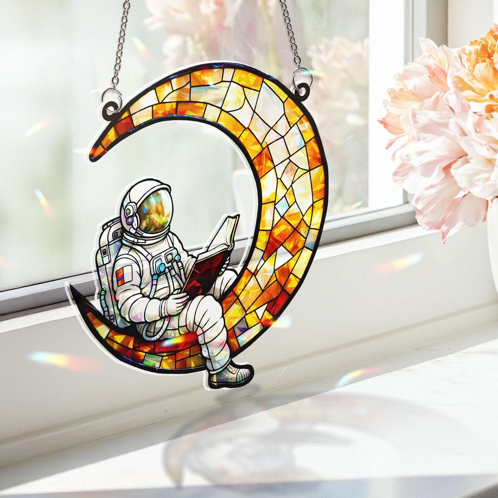 Astronaut Reading on Moon Acrylic Window Hanging, Colorful Ornament, Space Theme Decor Gift for Reader or Kids Room, Bookworm Gift