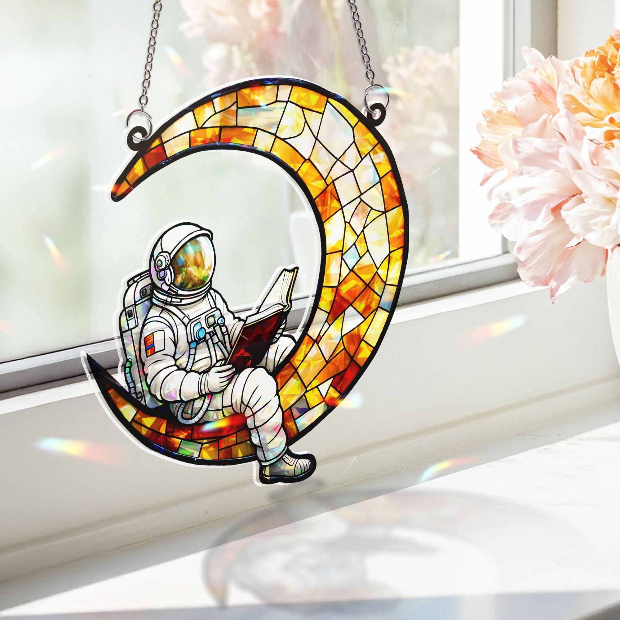Astronaut Reading on Moon Acrylic Window Hanging, Colorful Ornament, Space Theme Decor Gift for Reader or Kids Room, Bookworm Gift