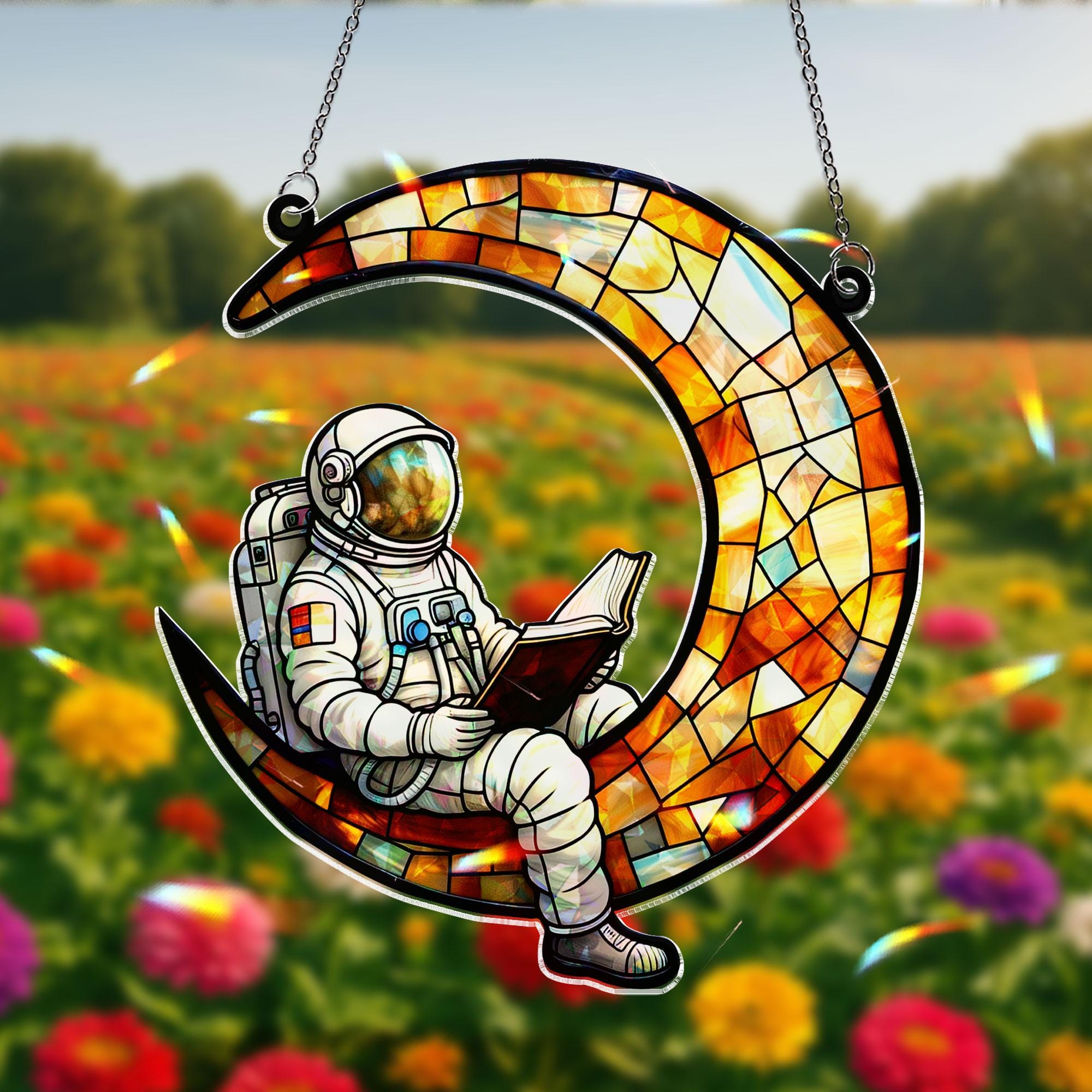 Astronaut Reading on Moon Acrylic Window Hanging, Colorful Ornament, Space Theme Decor Gift for Reader or Kids Room, Bookworm Gift