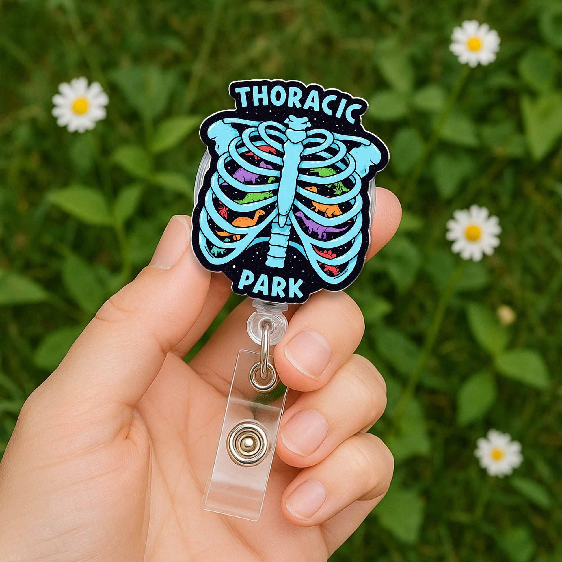 Thoracic Park Badge Reel, Funny Skeleton ID Holder, Dinosaur Nurse Gift, Rib Cage Badge, Medical Humor Clip, Healthcare Accessory